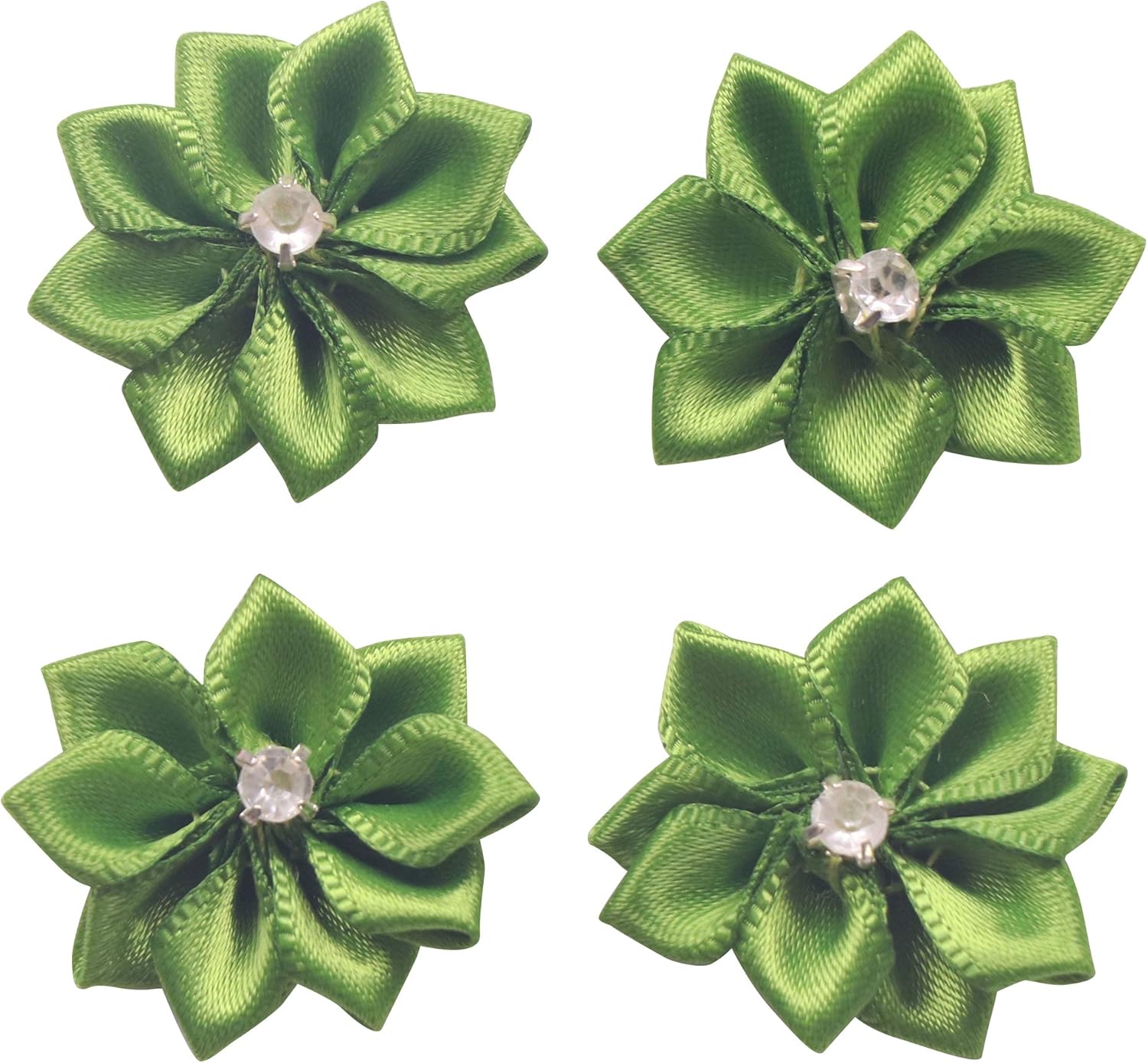 YAKA 60Pcs Green Satin Ribbon Flowers Bows Rose W/Rhinestone Appliques Craft Wedding