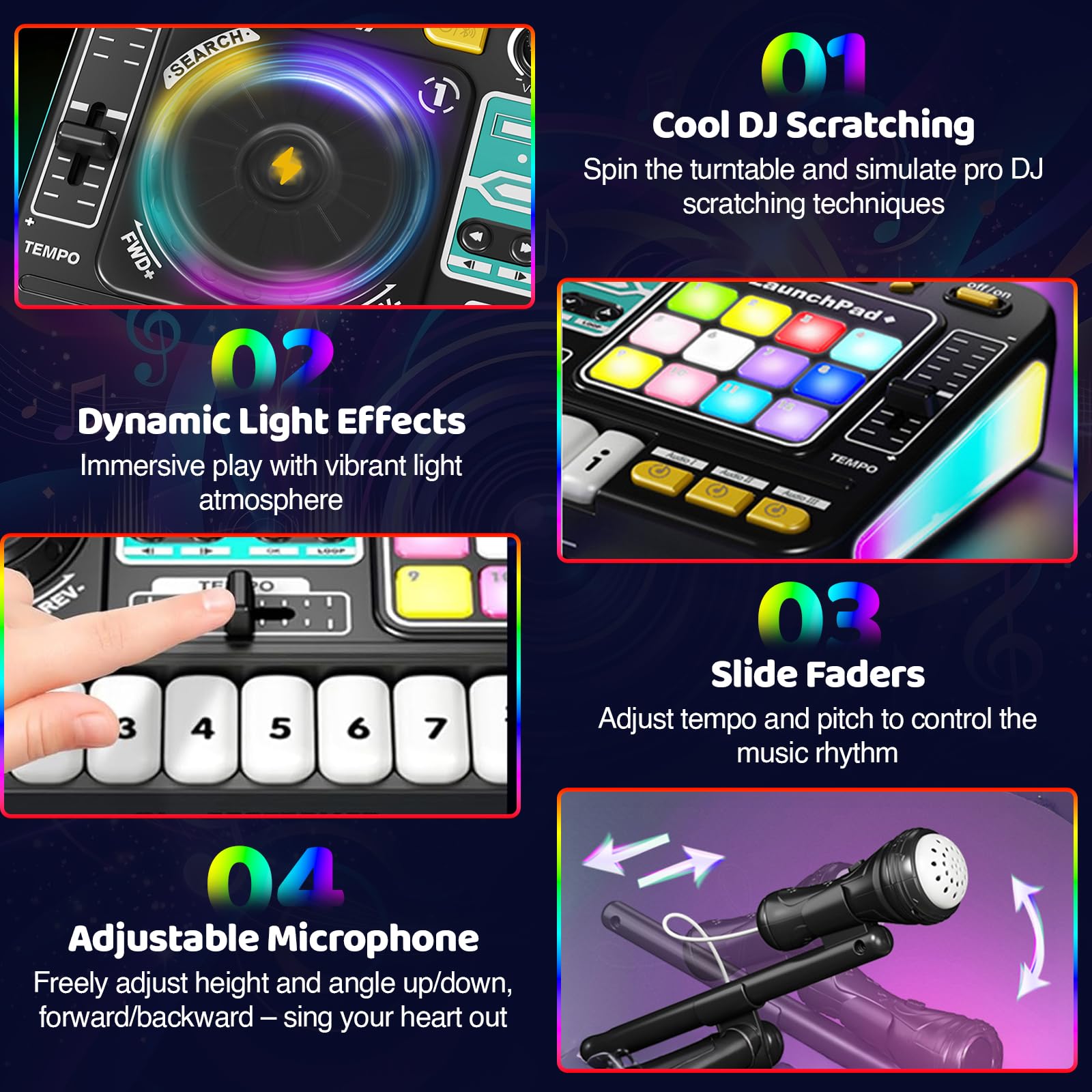 Table de mixage DJ multifonctionnelle pour enfants, avec microphone, plus de 100 effets sonores, batterie, contrôleur d'apprentissage de la musique interactif avec effets lumineux pour enfants de 3 à