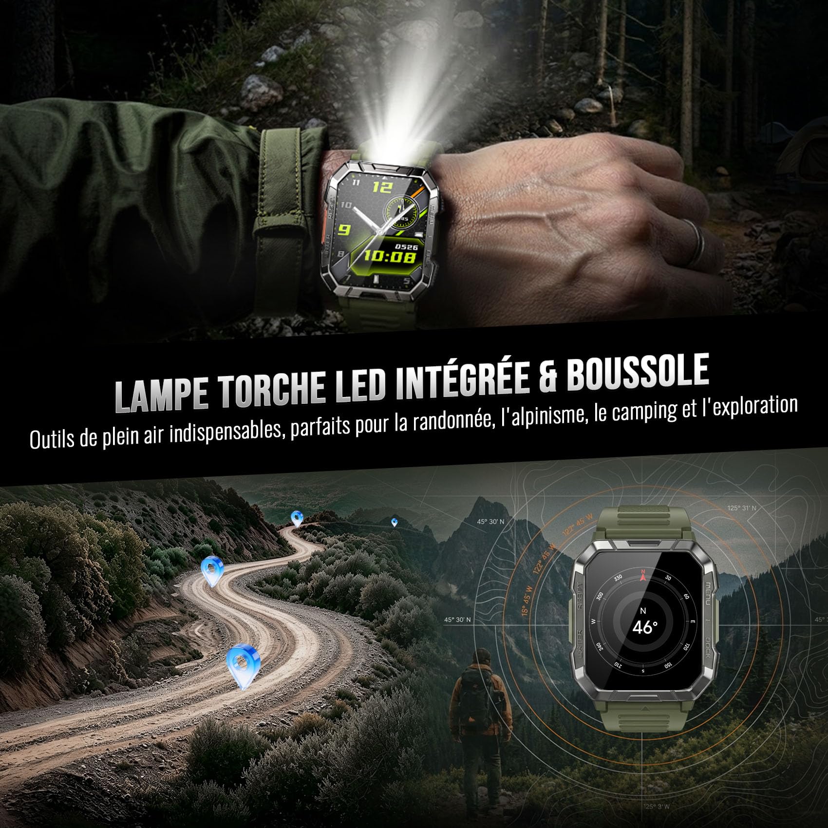 Blackview Montre Connectée Homme Militaire, Torche LED SOS & Boussole, 100j d'autonomie 960mAh, Appel Bluetooth, Podomètre, Suivi Santé 24h, 120+ modes sport, IP68, antichoc, iOS & Android compatibles