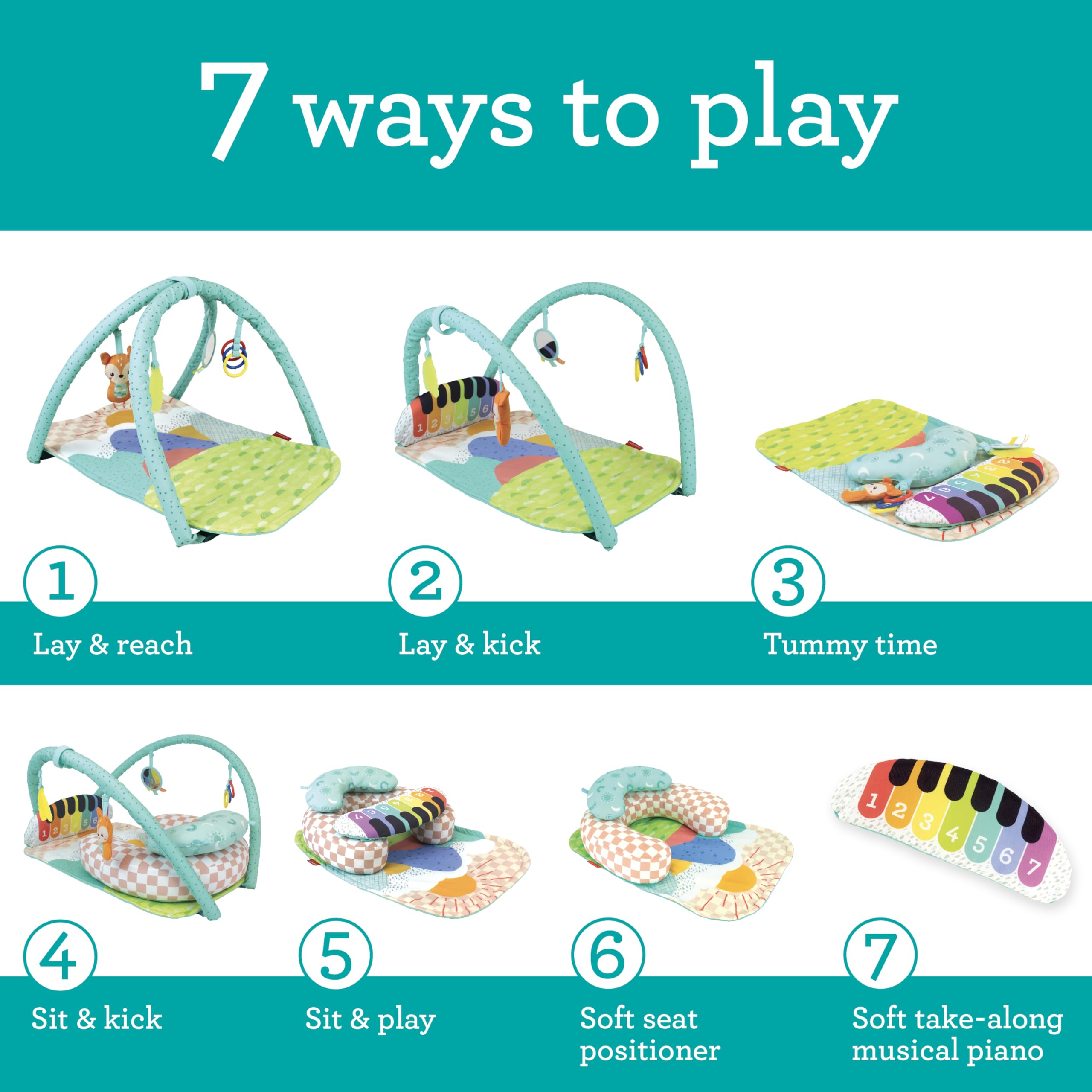 Infantino Kick 'n Keys 7-in-1 Musical Piano Activity Gym with Seat Positioner - 7 Play Modes, Tummy Time & Hanging Toys for Infants & Toddlers, 0M+
