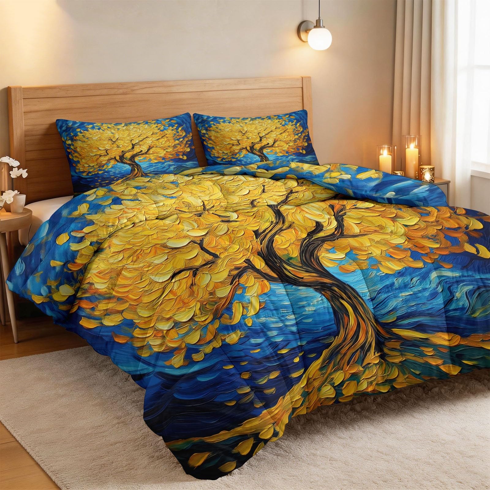 Edredón de pintura al óleo, árbol de la vida, hojas 240 x 260 cm, oro impresionista, edredón transpirable, multicolor, edredón transpirable, edredón y funda acolchada lavable