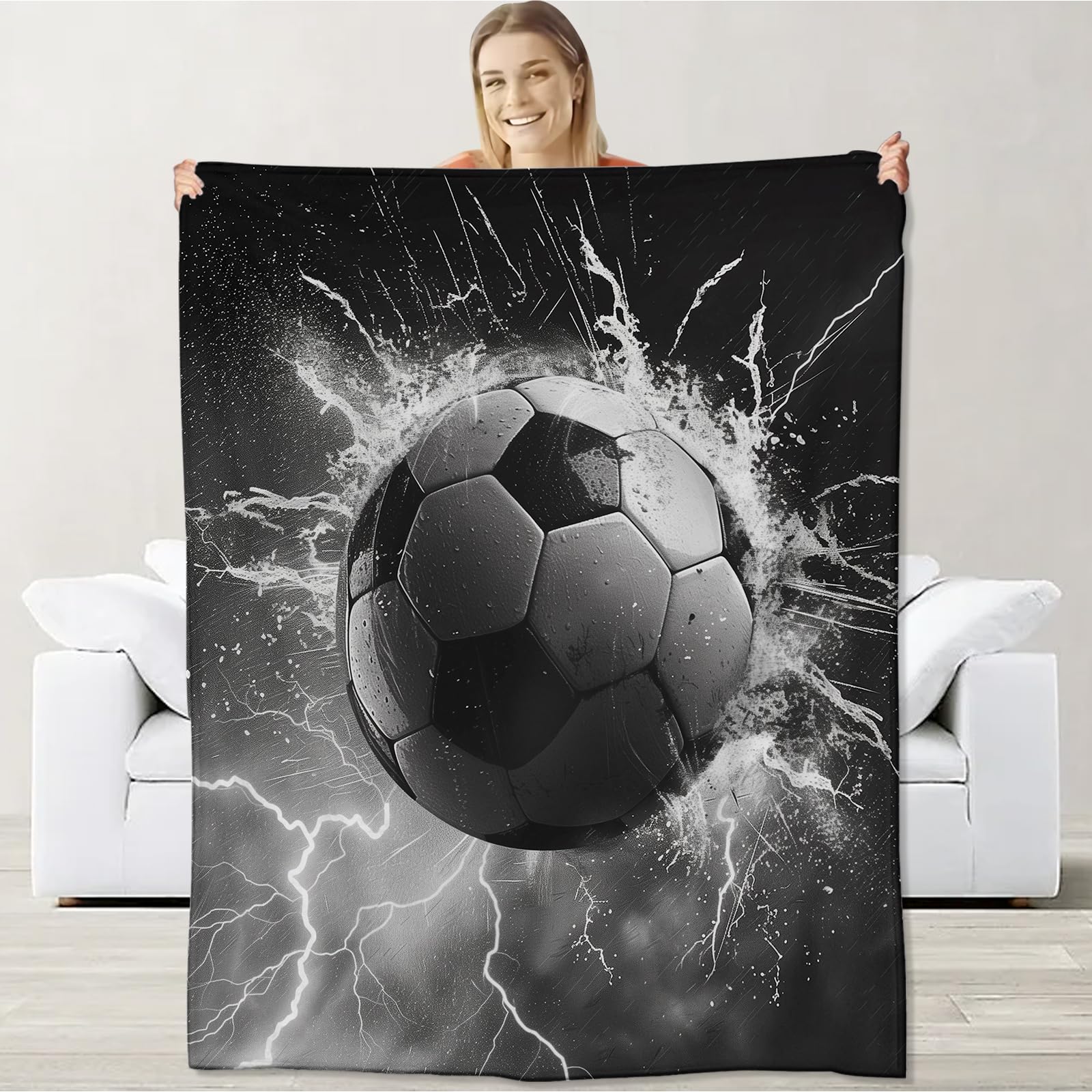 Soccer Blanket for Sport Lovers Boys Teen, Flannel Soccer Blankets Gifts, Black and White Soccer Throw Blanket for Sofa Couch Bed Living Room Soft