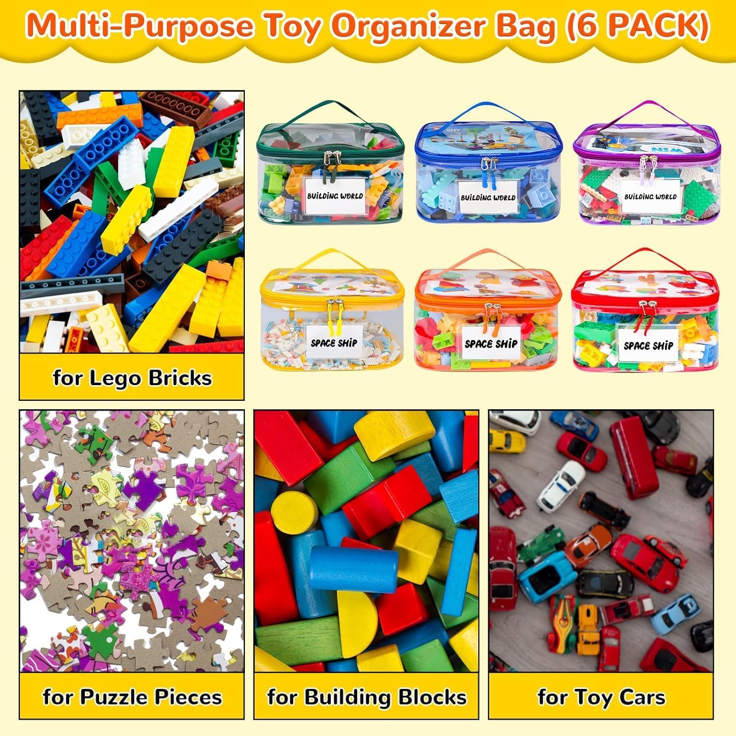 Upgraded 6 Pack Clear Toy Storage Bag - with Name Tag Manual Pocket, Transparent PVC Toy Organizer Case with Zipper for Board Game, Building Block, Puzzle, Large Capacity for Kids Ages 6+ (Colorful)