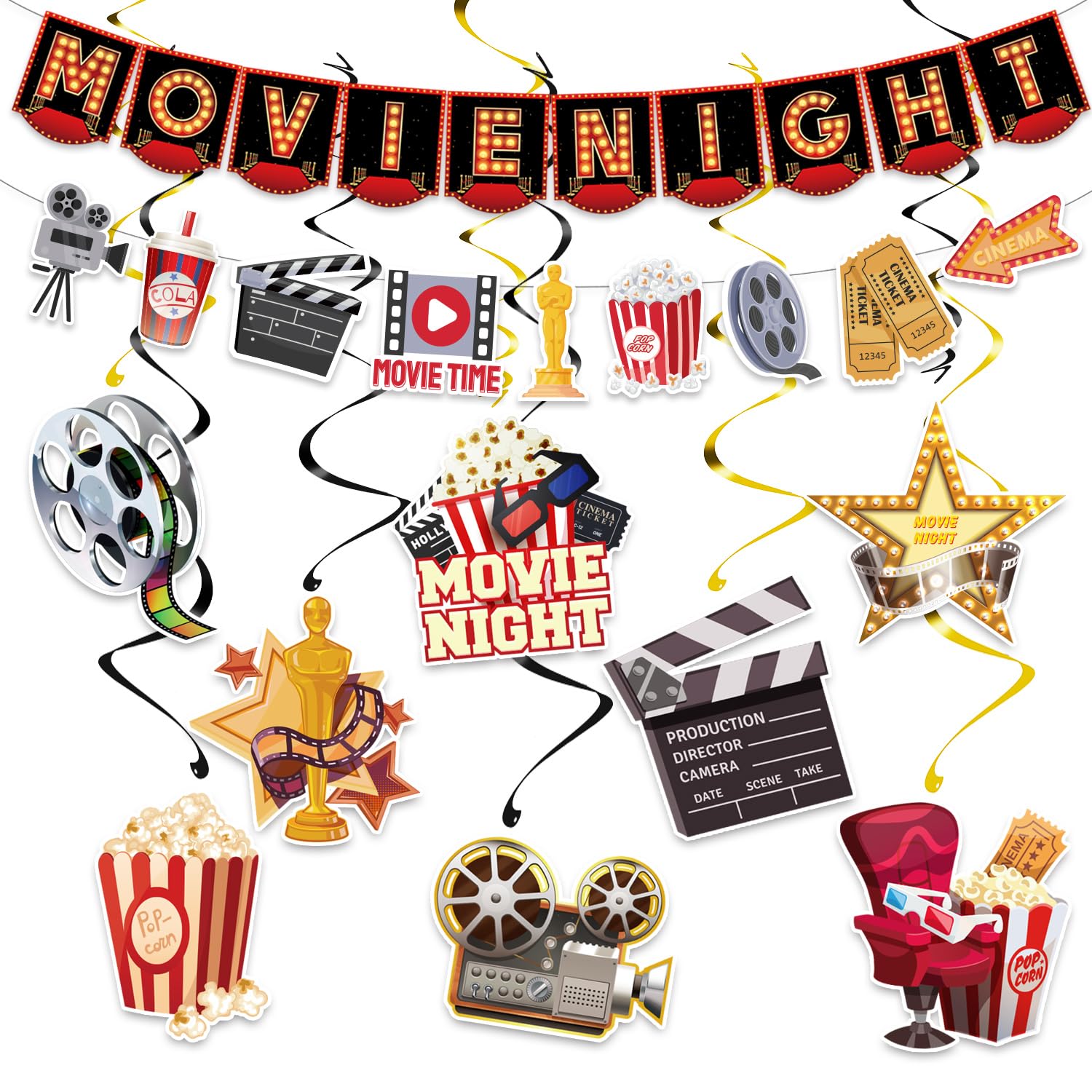 SKIRUP 18 Pieces Movie Night Decorations Party Decorations Kit movie night Banner Hanging Swirls Movie Theater Themed for Bridal Shower Birthday Party
