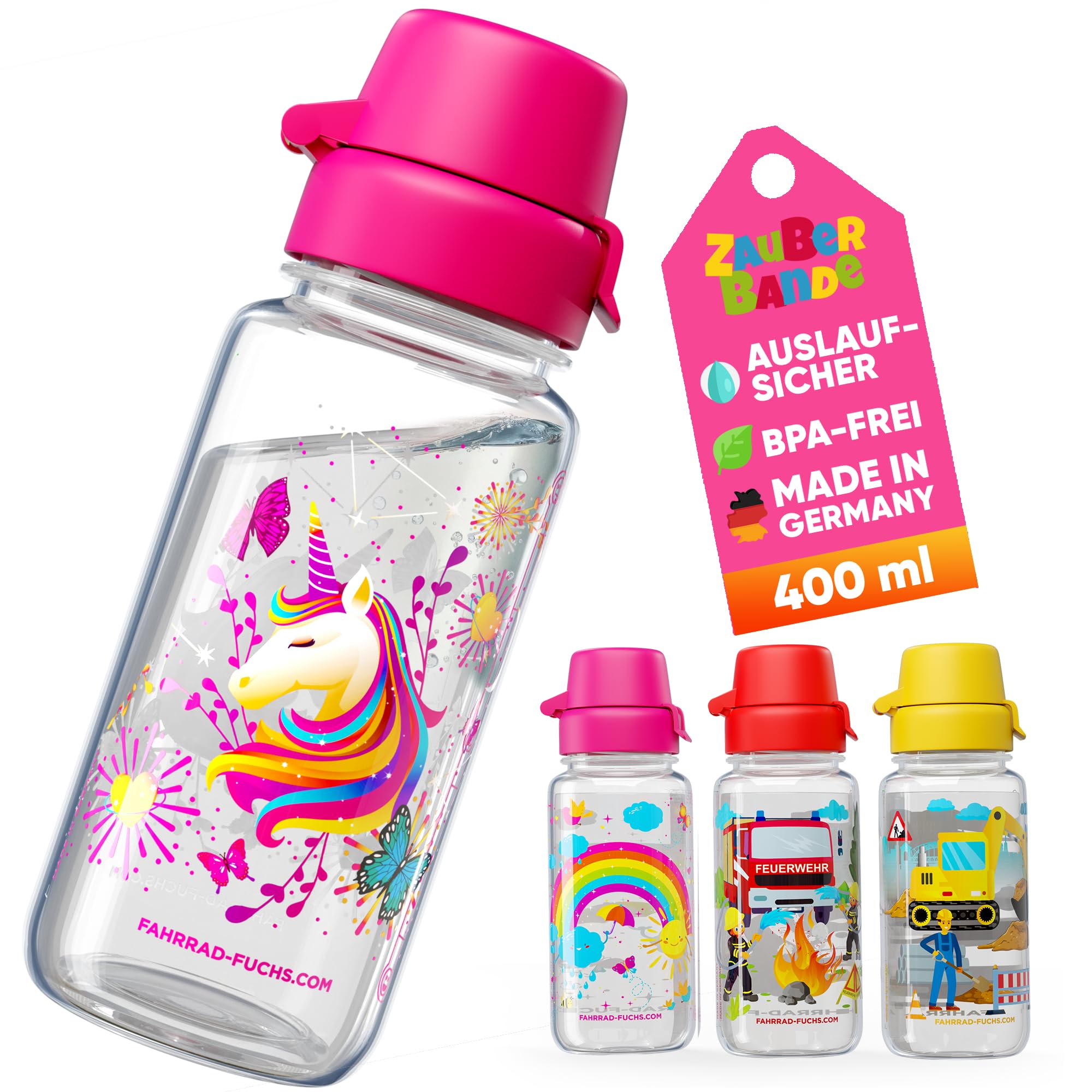 Zauberbande Trinkflasche Kinder auslaufsicher – Einhorn – 400 ml – Kinder Trinkflasche Kohlensäure geeignet, BPA frei aus Tritan, spülmaschinenfest, Easy-Clean – für Kindergarten und Schule