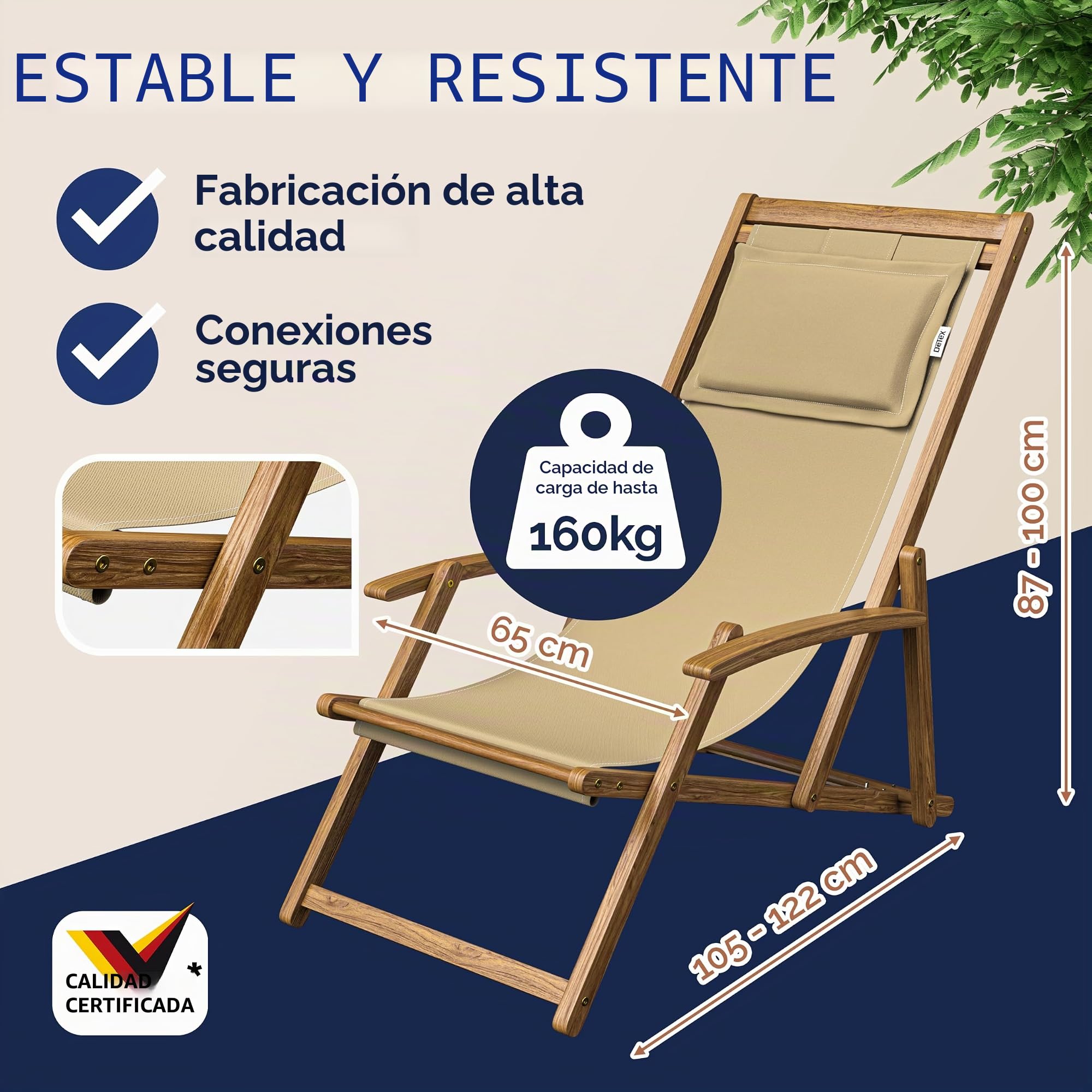 CASARIA® Tumbona Silla de Madera de Acacia Plegable 3 Posiciones Carga 160KG 94x94x60cm Sillas Jardín Playa Transpirable Hamaca Mueble Camping Exterior Beige Reposabrazos