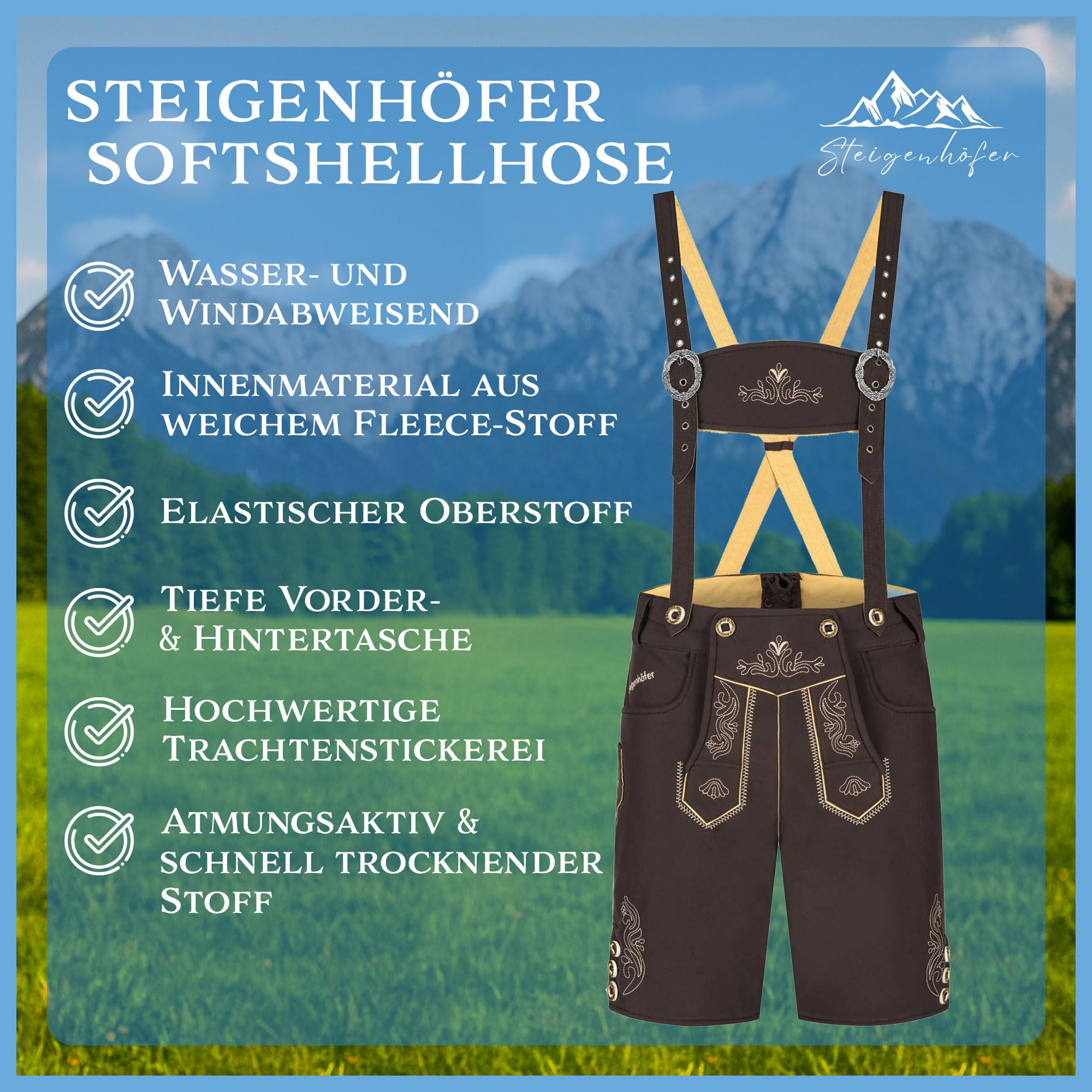 Steigenhöfer Manufaktur Kurze Trachten Softshell Hose mit Träger im Lederhosen Look - Lukas - Lederhose Herren Tracht - Wasser- und windabweisend mit Trägern für Oktoberfest