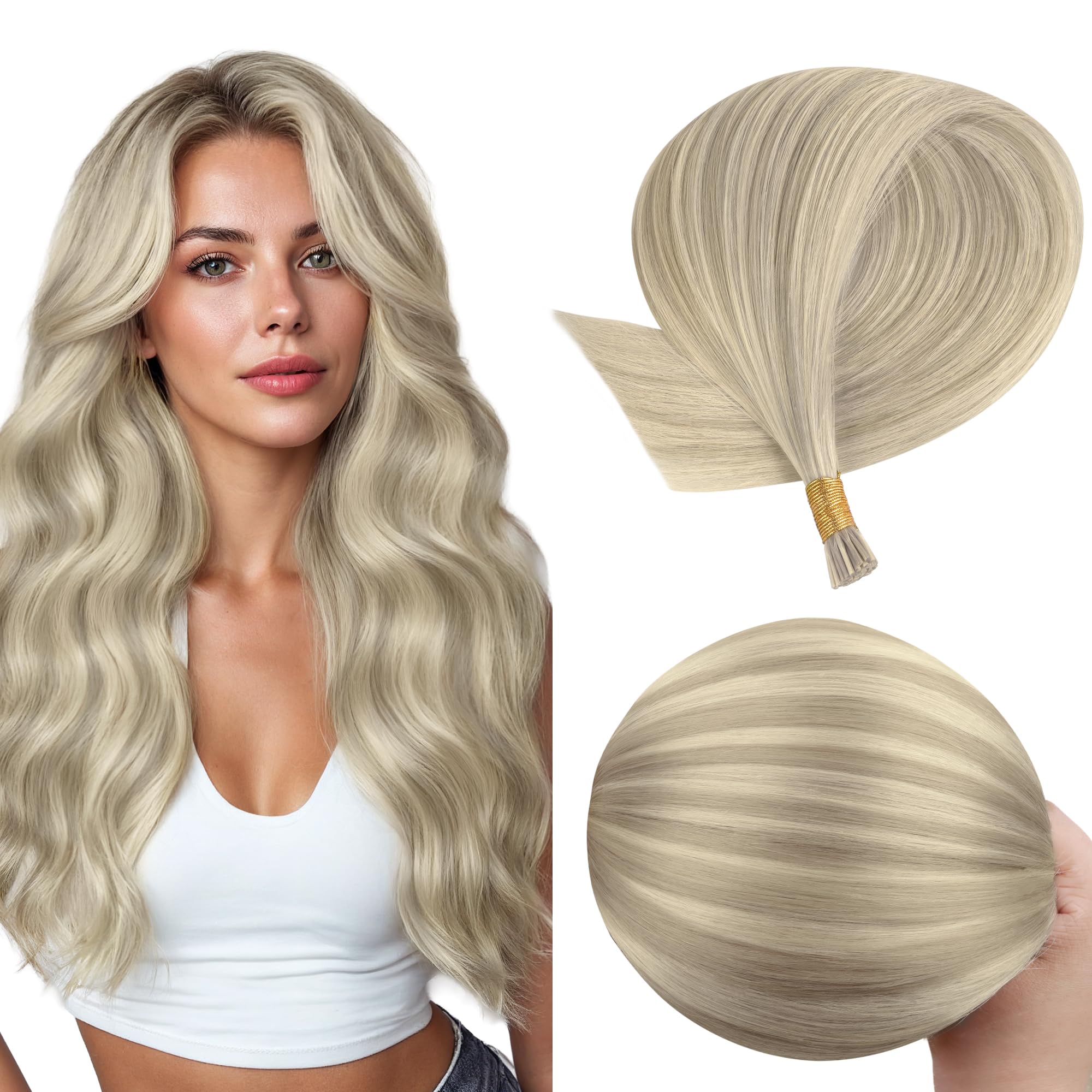 GOO GOO I Tip Hair Extensions Real Human Hair, 18inch 50g 50S, Cold Fusion I Tip Hair Extensions, 17A/60A Ash Blonde Highlighted Platinum Blonde