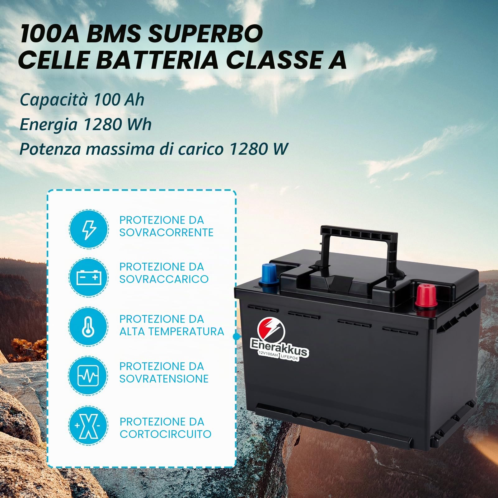 Batteria al litio LiFePO4 da 100 Ah 12 V, 100 Ah con batteria al litio integrata da 100 ABMS, batteria adatta per motore a traina, batterie solari, camper