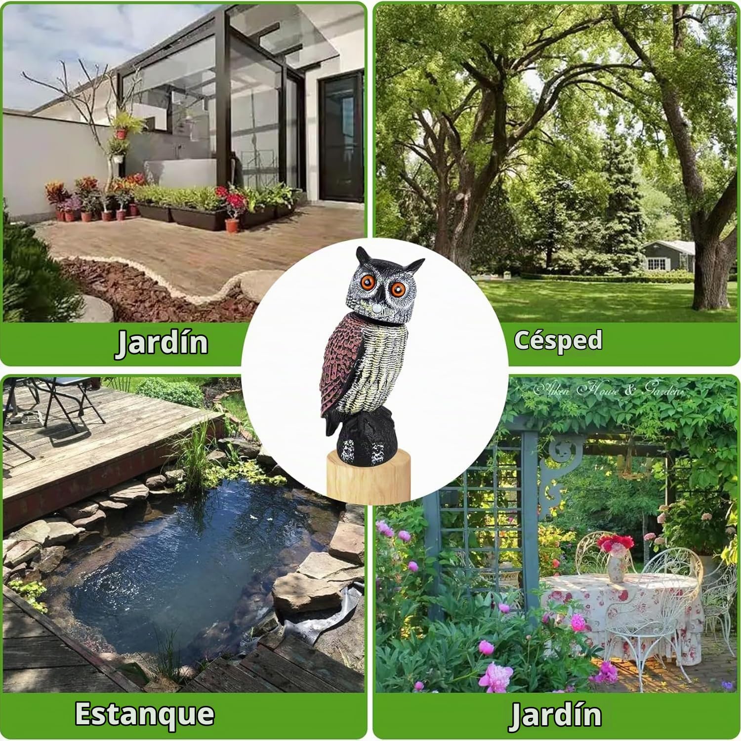 Buho Espantapajaros Solar, Buho Ahuyentador Palomas con Sonido, 43cm Alto | Buhos Espantapajaros Gira Cabeza, Figura Señuelo Búhos Decorativos Grandes para terraza balcon tejado huerto arbol