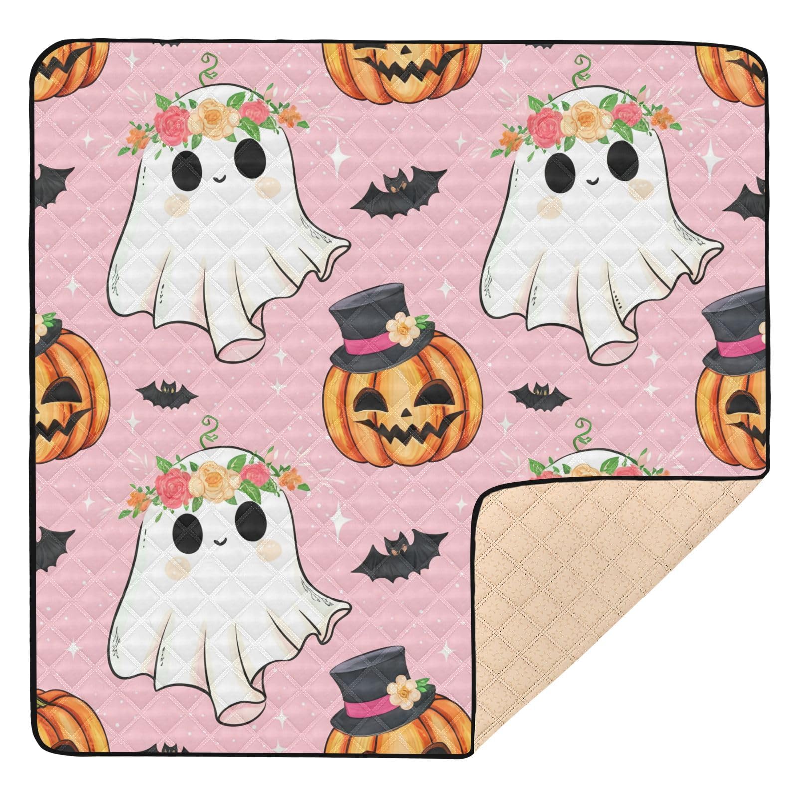 BOESI Doodle Cute Ghost and Pumpkin Baby Play Mat, 50“ X 50” Washable Folding Crawling Mat, Baby Floor Mat, Soft, Non-Slip