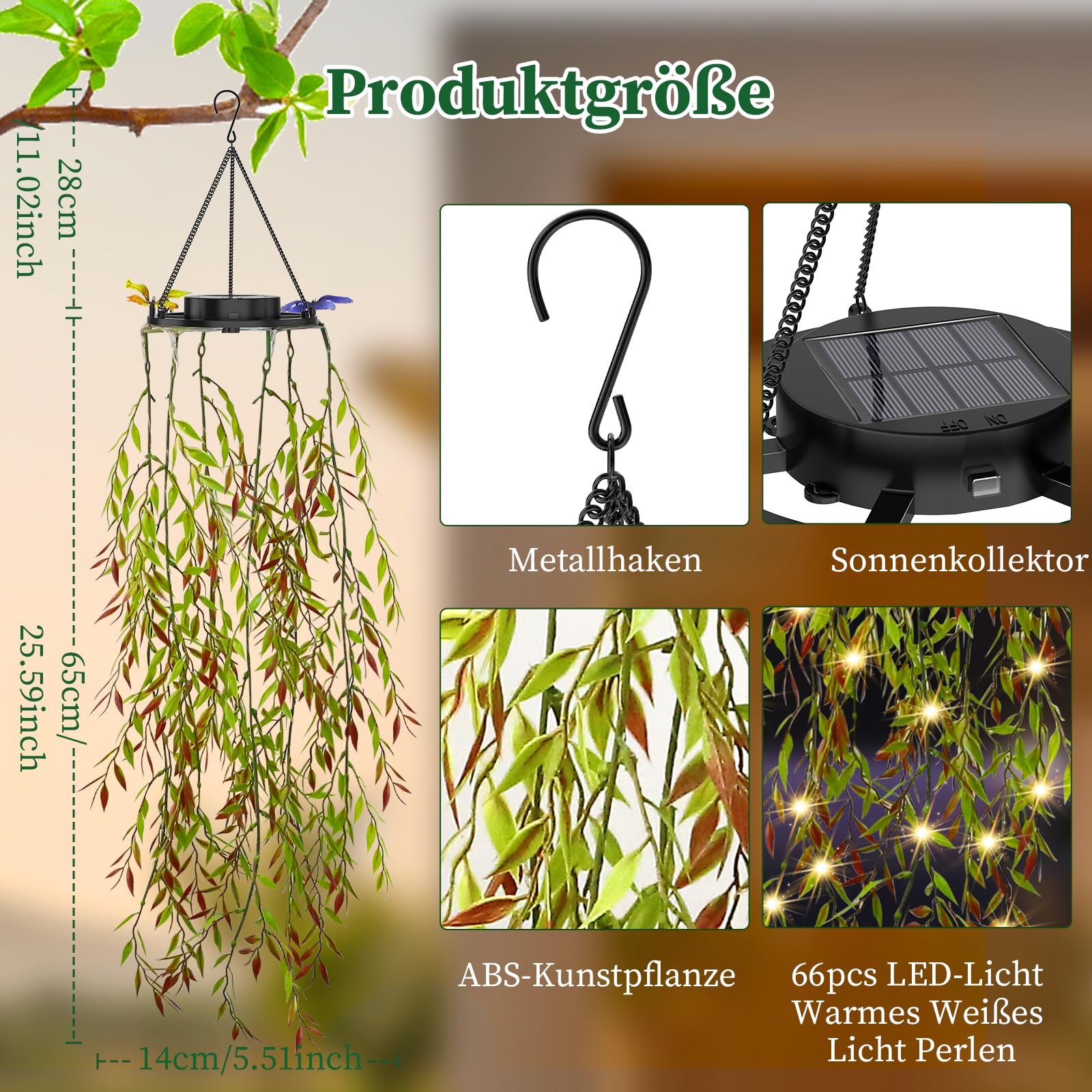 Solarlampen für Außen, 2 Stück Hängepflanze Künstlich mit Lichterketten, IP65 Wasserdicht Solarlaterne für Außen, Geschenke für Frauen, Ideal für Weihnachten Partys Hochzeiten Gartendeko