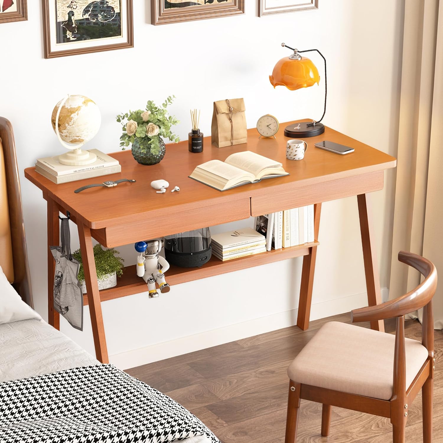 100% Solid Wood Writing Desk - 39.4" Mid Century Modern Home Office Desks, Small Computer Desk for Small Spaces with 2 Drawers and Storage Shelf, Laptop Study Table for Bedroom/Living Room, Walnut