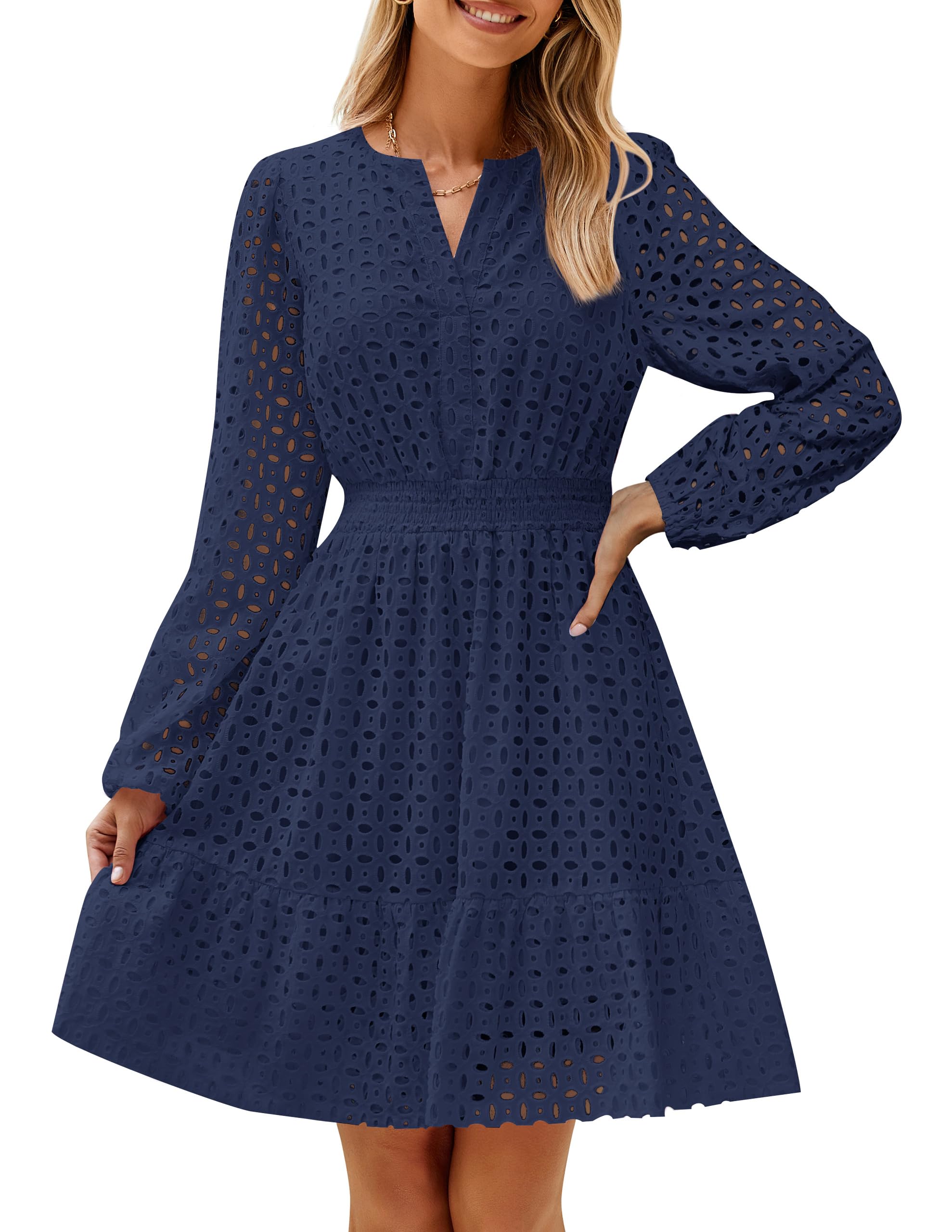 ZESICA Womens Fall Long Sleeve Eyelet Embroidery Mini Dress