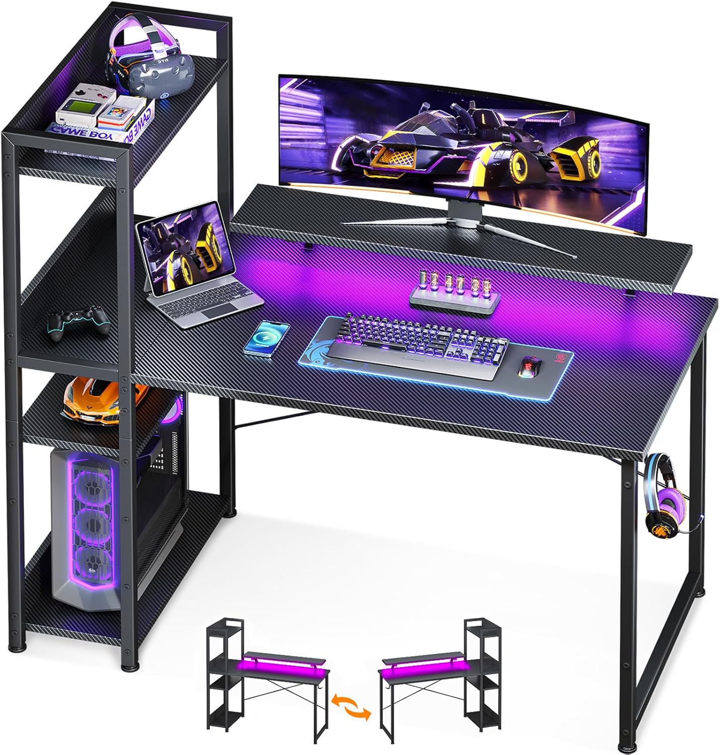 Product image of ODK Reversible Gaming Desk LED Lights, 40 Inch Computer Desk with Storage Shelves & Monitor Stand, Study Table for Home Office, Small Space Bedroom, Carbon Fiber Black