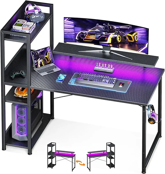ODK Reversible Gaming Desk LED Lights, 40 Inch Computer Desk with Storage Shelves & Monitor Stand, Study Table for Home Office, Small Space Bedroom, Carbon Fiber Black