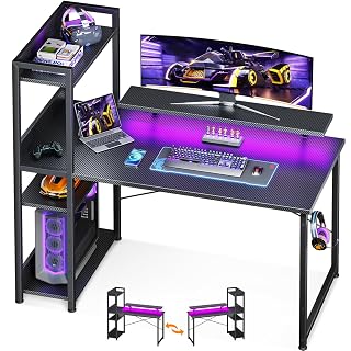 ODK Reversible Gaming Desk LED Lights, 40 Inch Computer Desk with Storage Shelves & Monitor Stand, Study Table for Home Office, Small Space Bedroom, Carbon Fiber Black - Amazon product rated Grade A