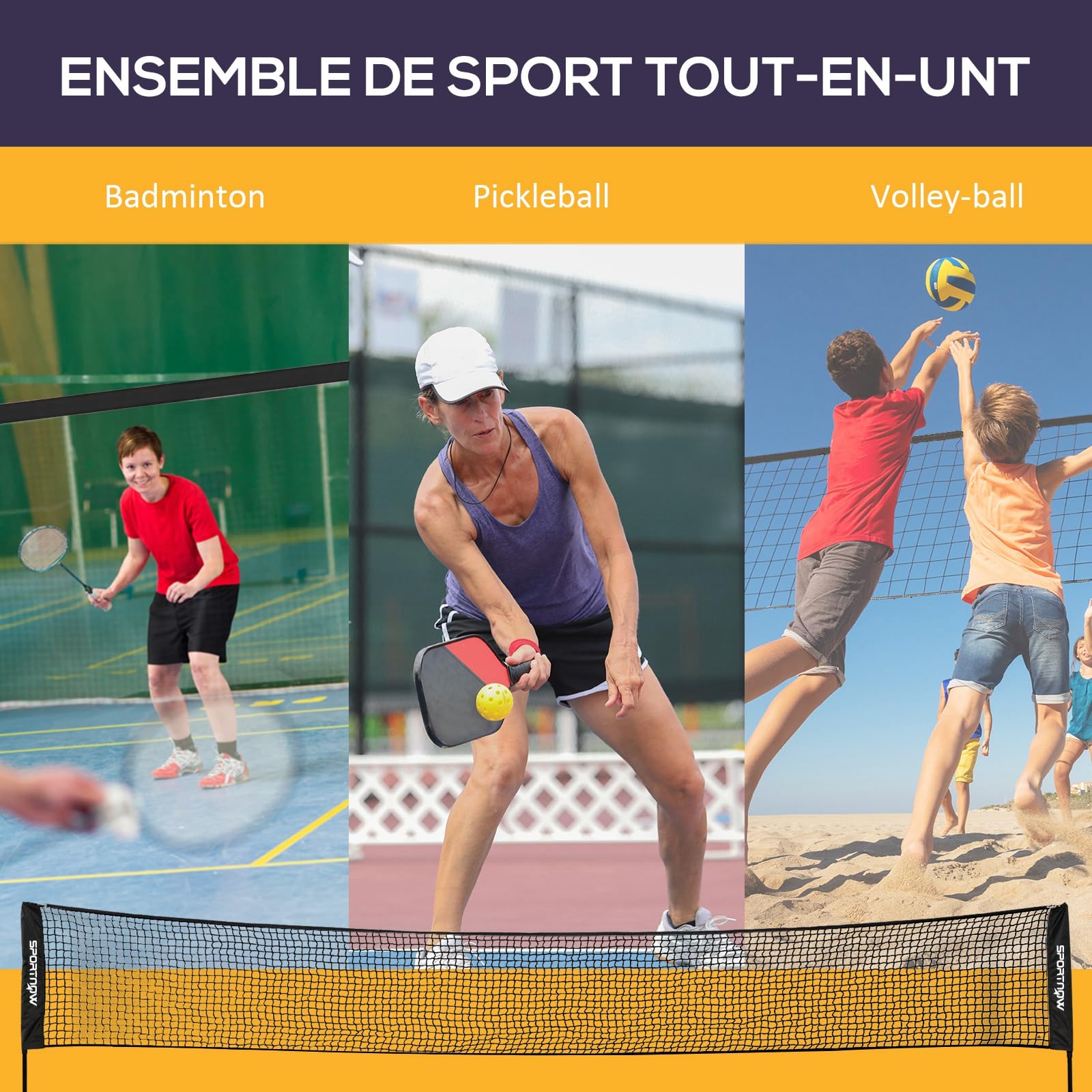 SPORTNOW Juego completo de bádminton, Pickleball y Voleibol, 3 en 1, juegos deportivos al aire libre con red altura ajustable 107-155 cm