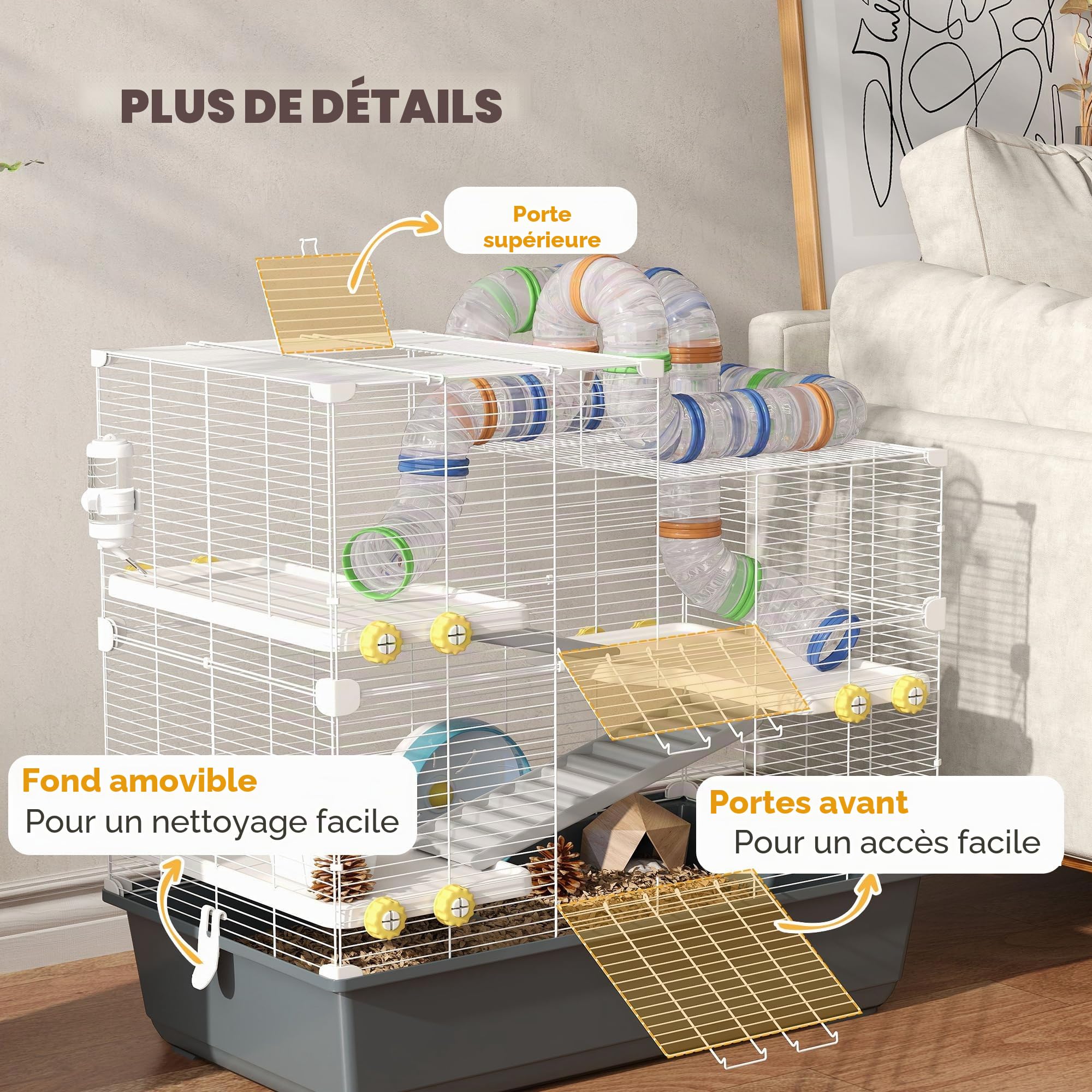 PawHut Cage Hamster 4 Niveaux avec Roue 78x45x73 cm Gris | Cage rongeur, bol nourriture, tunnel, cabane, porte supérieure, pour hamster syrien