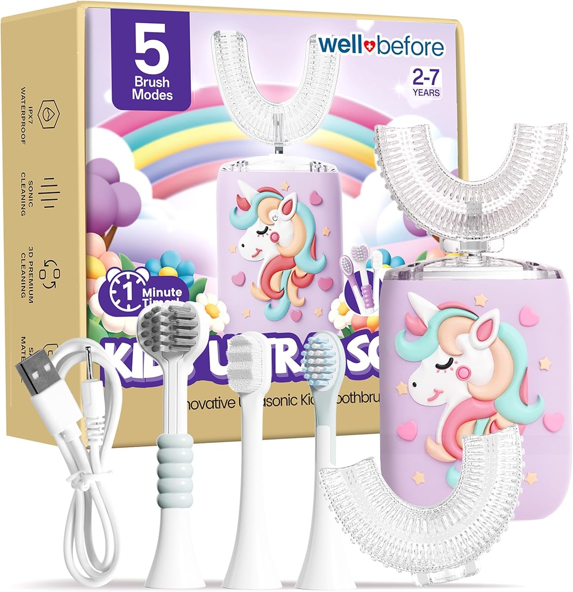 Well Before Kids U Shaped Electric Toothbrush with 5 Brush Heads, Ultrasonic, 5 Modes, IPX7 Waterproof Design (Unicorn, Purple Ages 2-7)