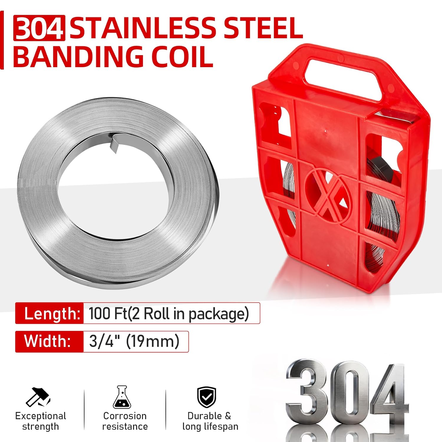 Banding Strapping Kit with Tensioner Tool - 3/4" x 200FT 304 Stainless Steel Binding Straps with Plastic Case ＆100 Metal Buckles, Metal Banding Tool for Bundling, Pallets & Pipes