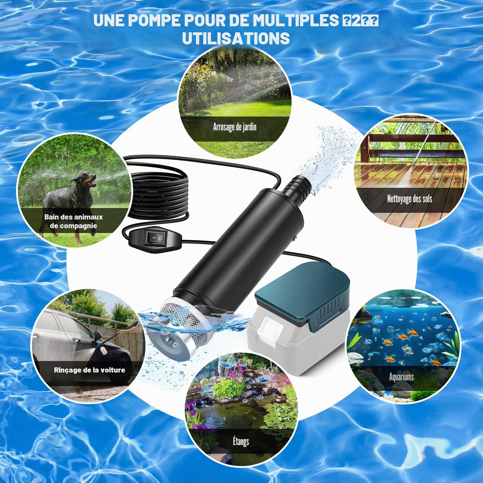 Pompe submersible sans fil Kistrba compatible avec batterie Makita 18 V, pompe à eau portable, 500 GPH avec tuyau de 1 m, pour piscine, lits à eau, douche