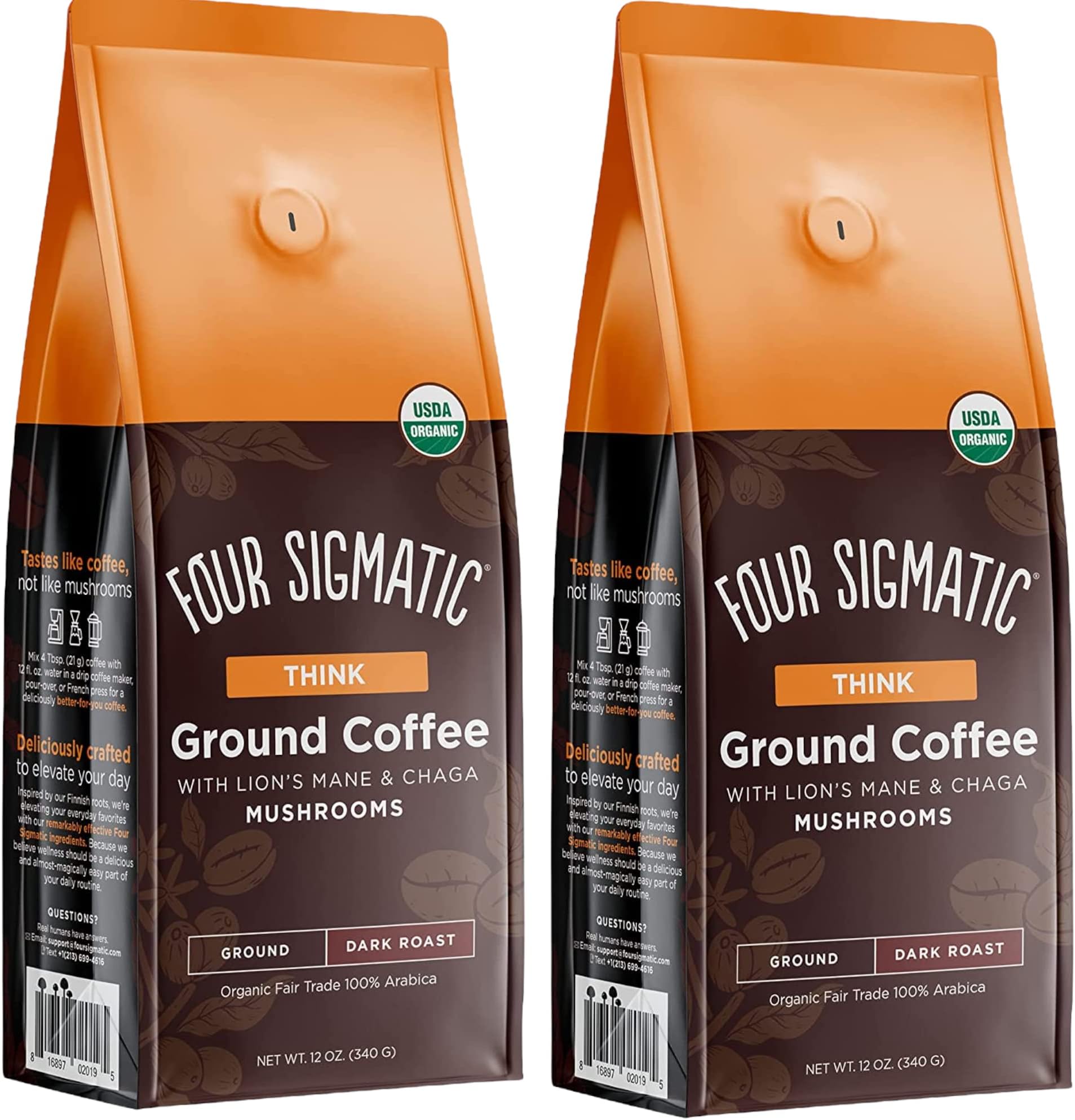Four Sigma Mushroom Ground Coffee with Lion's Mane, Think, Dark Roast, 340g, Pack of 2