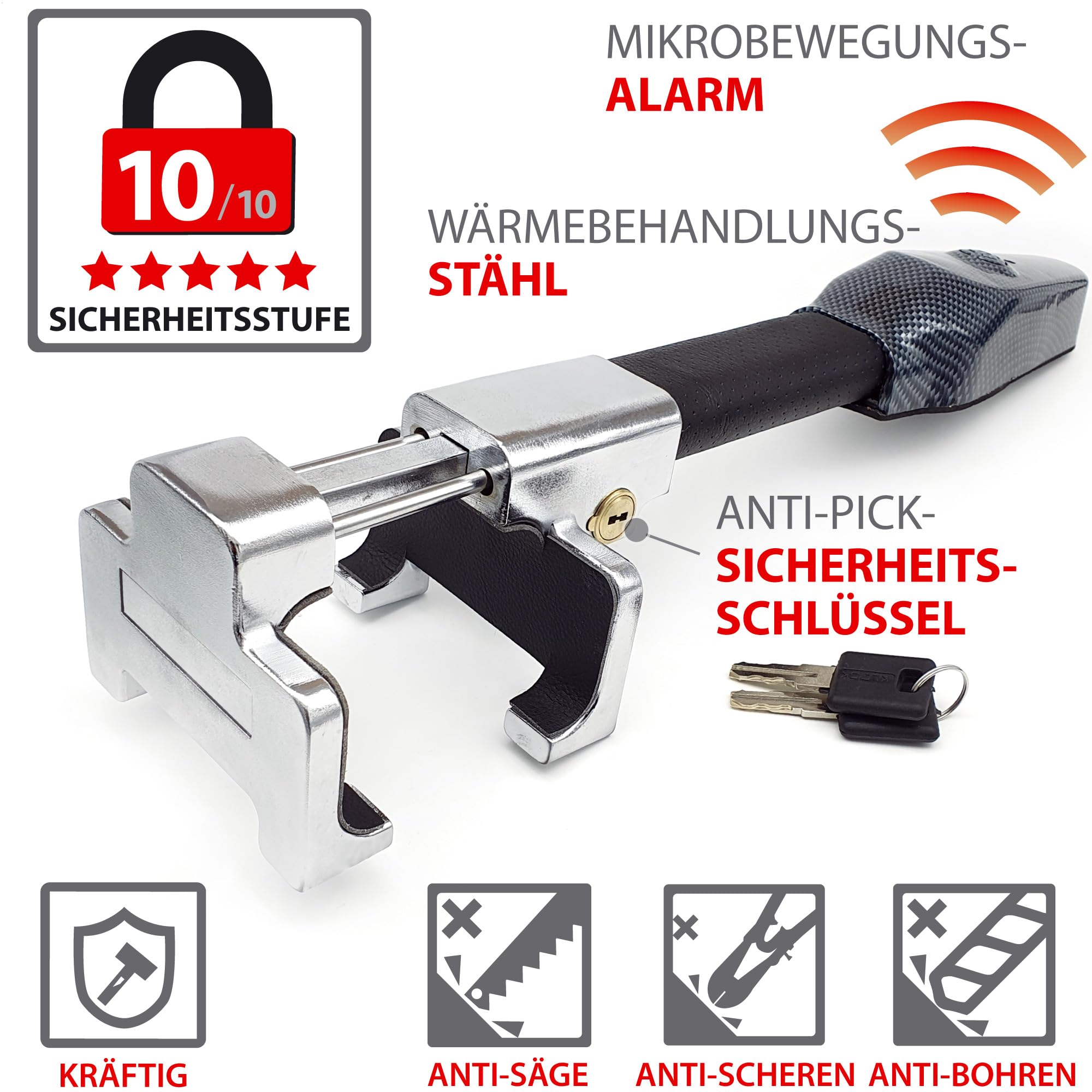 KRASER KR830 Lenkradkralle mit Alarm 120dB, Lenkradschloss Hochsicherheits, Lenkradsperre Diebstahlsicherung Universal für Auto Wohnmobil PKW