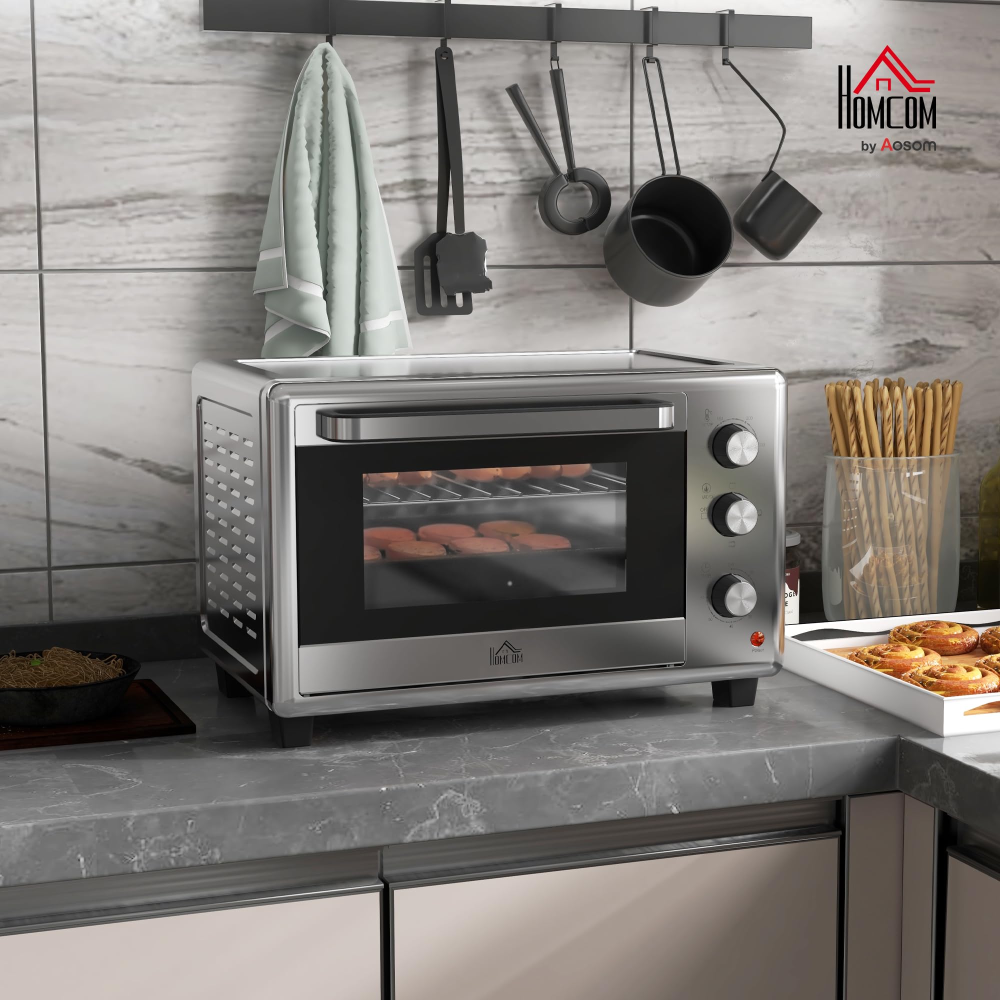 HOMCOM Mini piekarnik, 30 l, mini piekarnik z blachą do pieczenia i rusztem do grillowania, 1600 W, z blachą na okruchy, piec tosty 60-230℃ z timerem 60 min, stal nierdzewna