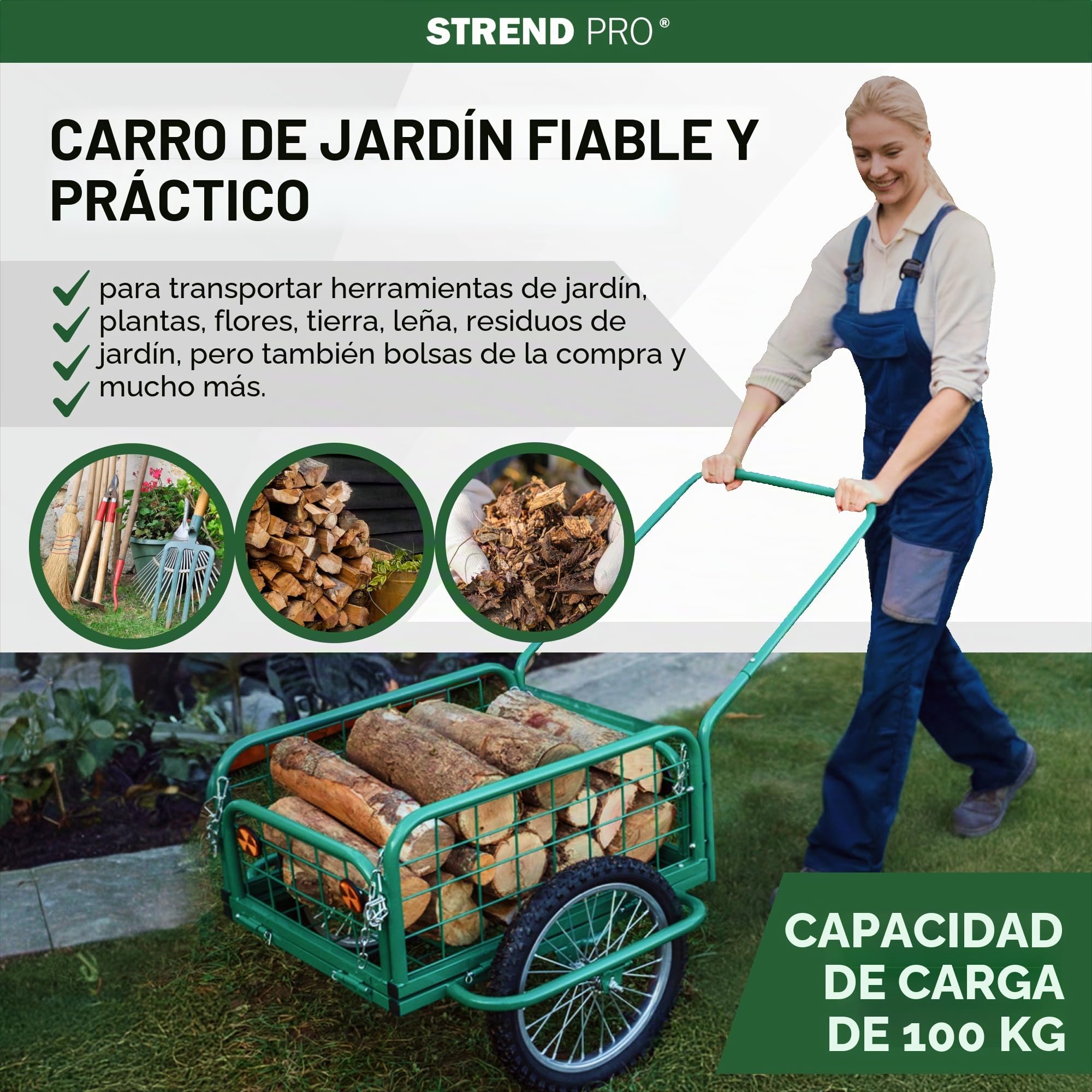 STREND PRO Victor - Carro de mano, metal, laterales plegables, hasta 100 kg, ruedas grandes, estructura de metal, carro de transporte para jardín y transporte, carro de madera, carrito de jardín