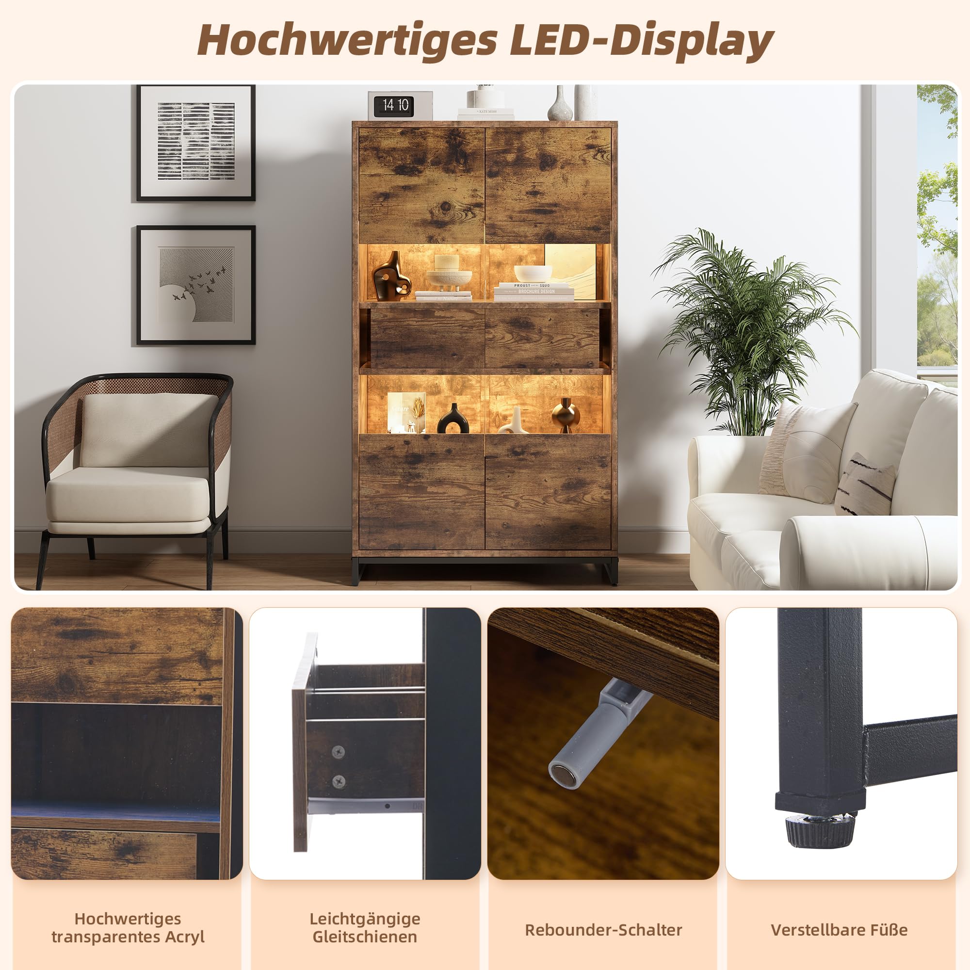 Merax Vitrinenschrank Transparente Vitrine mit LED-Beleuchtung, Bücherschrank mit 2 Türen & 2 Schubladen, Sammlervitrine Highboard Standvitrine Weinschränke für Wohnzimmer Esszimmer Büro, Vintagebraun