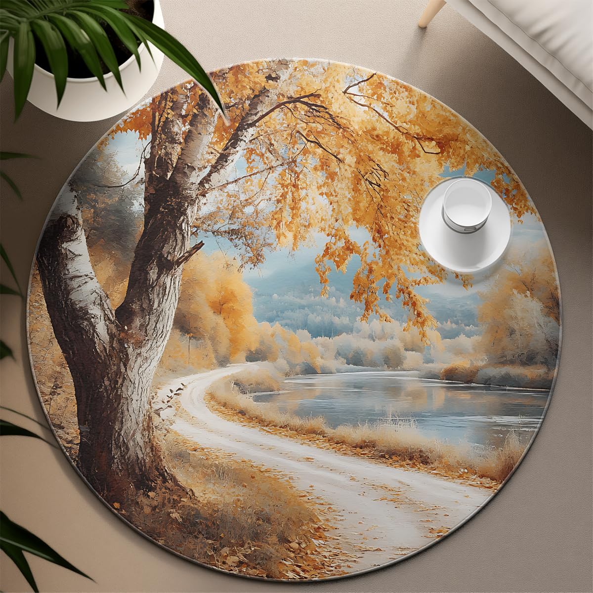Maschinenwaschbar 120cm Rundteppich Naturlandschaft Herbstwald rutschfest Naturlandschaftsdruck Flachflor für Wohnzimmer Schlafzimmer Esszimmer Küche Innen