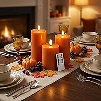 Vista 5 de Eywamage Velas de pilar sin llama de otoño naranja con control remoto, velas LED parpadeantes de cera de Acción de Gracias, funciona