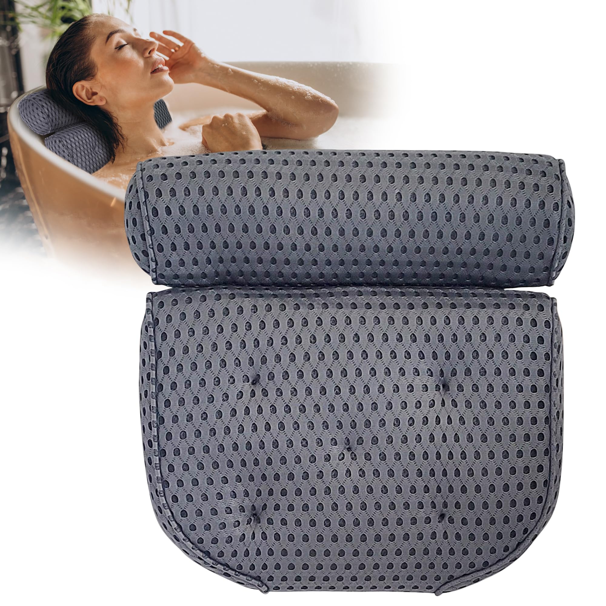 Leodera Gray Bath Pillow Grey - Bath Pillow For Bathtub - Ergonomic Neck Pillow For The Bath - Bath Pillow With 7 Extra Strong Suction Cups - Bath Accessories
