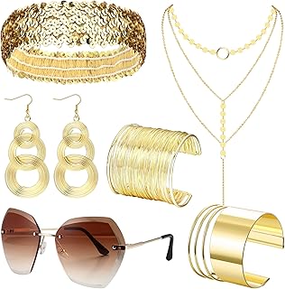 7 Pieces 70s Disco Accessories Costume Jewelry Set for Women Gold Rimless Diamond Cutting Sunglasses Layered Choker Necklace Disco Earrings Cuff Bangle Bracelet Sequin Headband