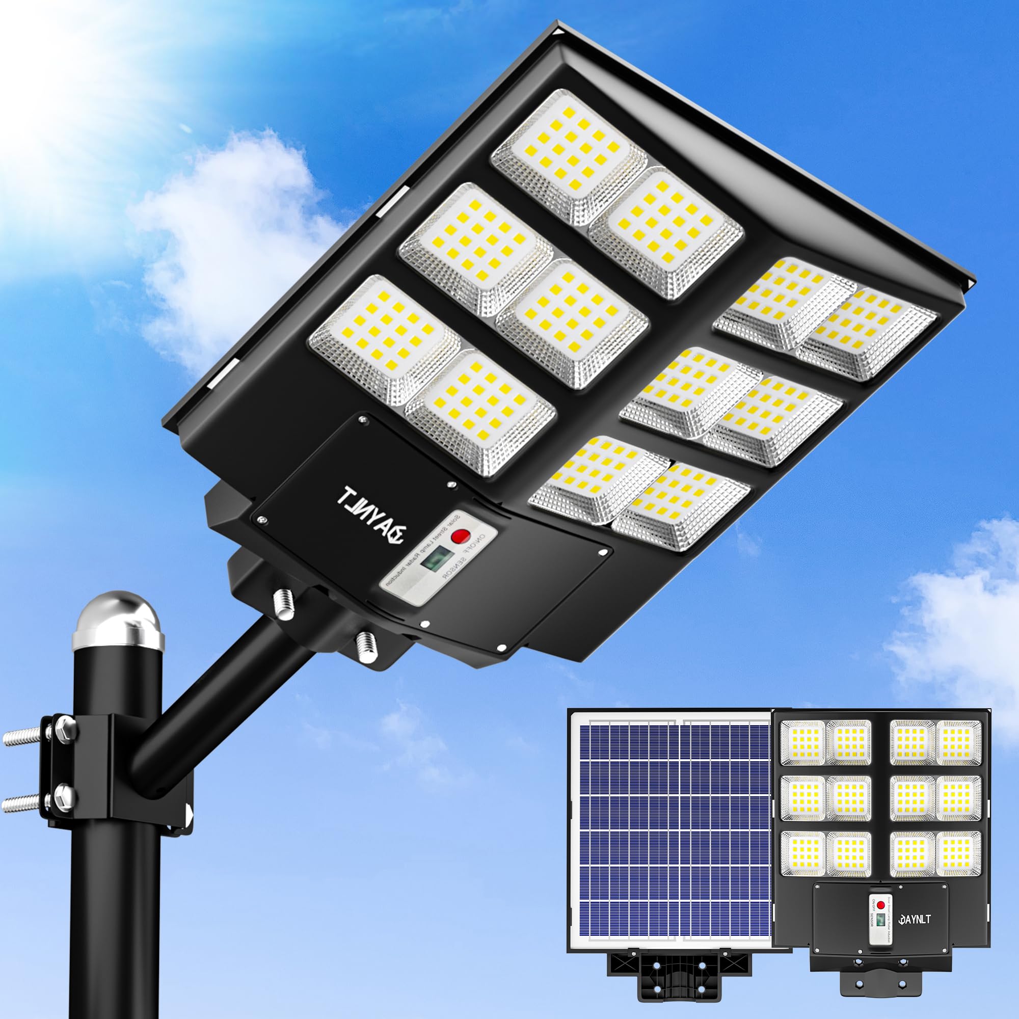 Jaynlt Black Y-2000W Solar Street Lights Outdoor, 60000Lm 6500K Solar Parking Lot Lights Dusk To Dawn, Ip67 Waterproof Solar Security Flood Lights With Motion Sensor For Yard, Garden, Parking Lot