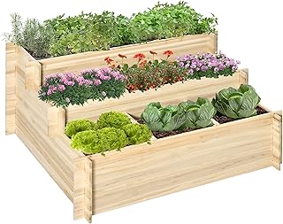 Outsunny 3 Tier Raised Garden Bed with 9 Grow Grids and Bed Liner, Elevated Wooden Planter Kit, Flower Box for Vegetables, Herb Outdoor Indoor Use, 46 x 39 x 21in