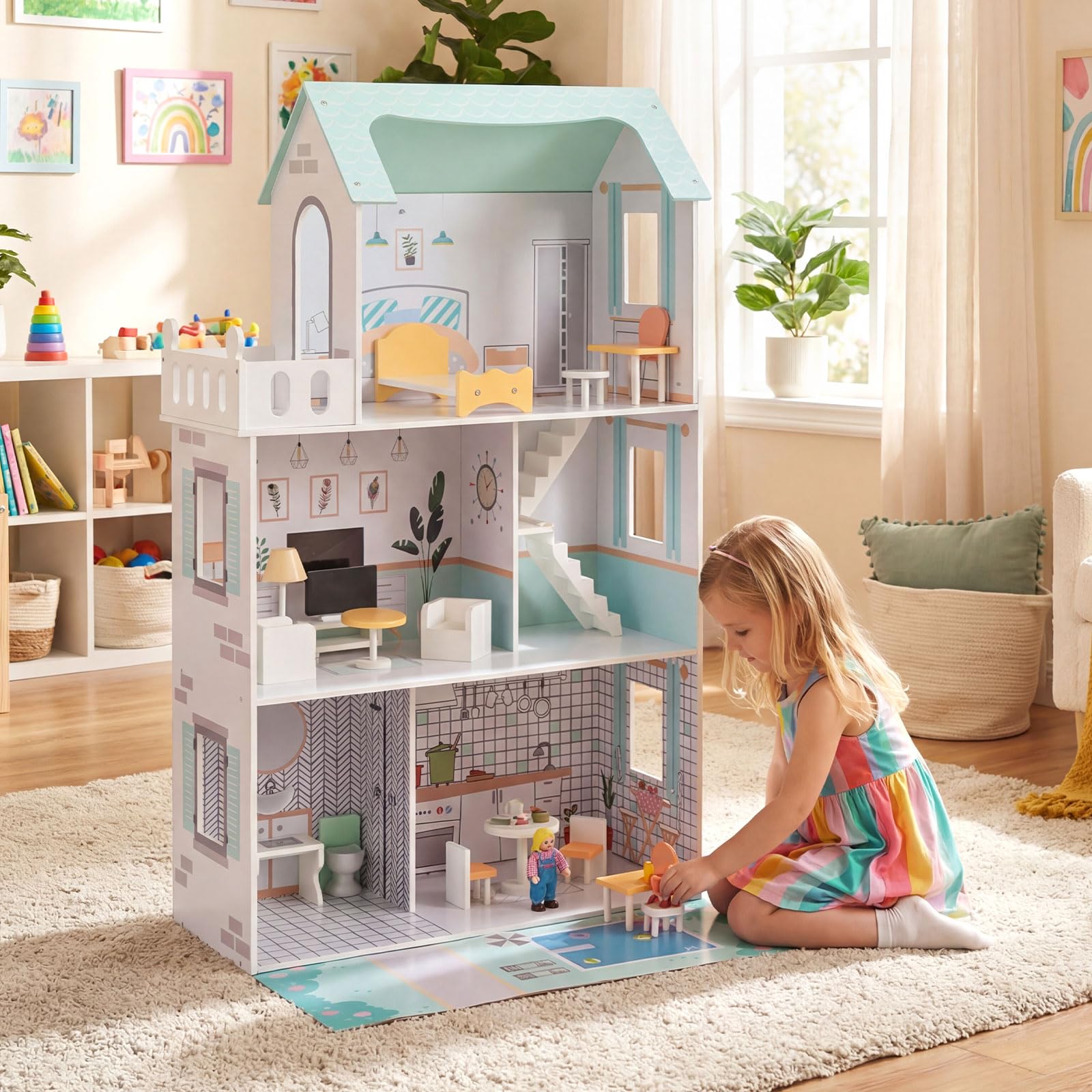 COSTWAY Maison de Poupée en Bois à 3 Étages avec 5 Pièces et 17 Meubles, Maison de Rêve avec Ascenseur, Autocollants Princesses, Jeu d’Imitation Playhouse pour Enfants de 3 Ans+ (Vert)
