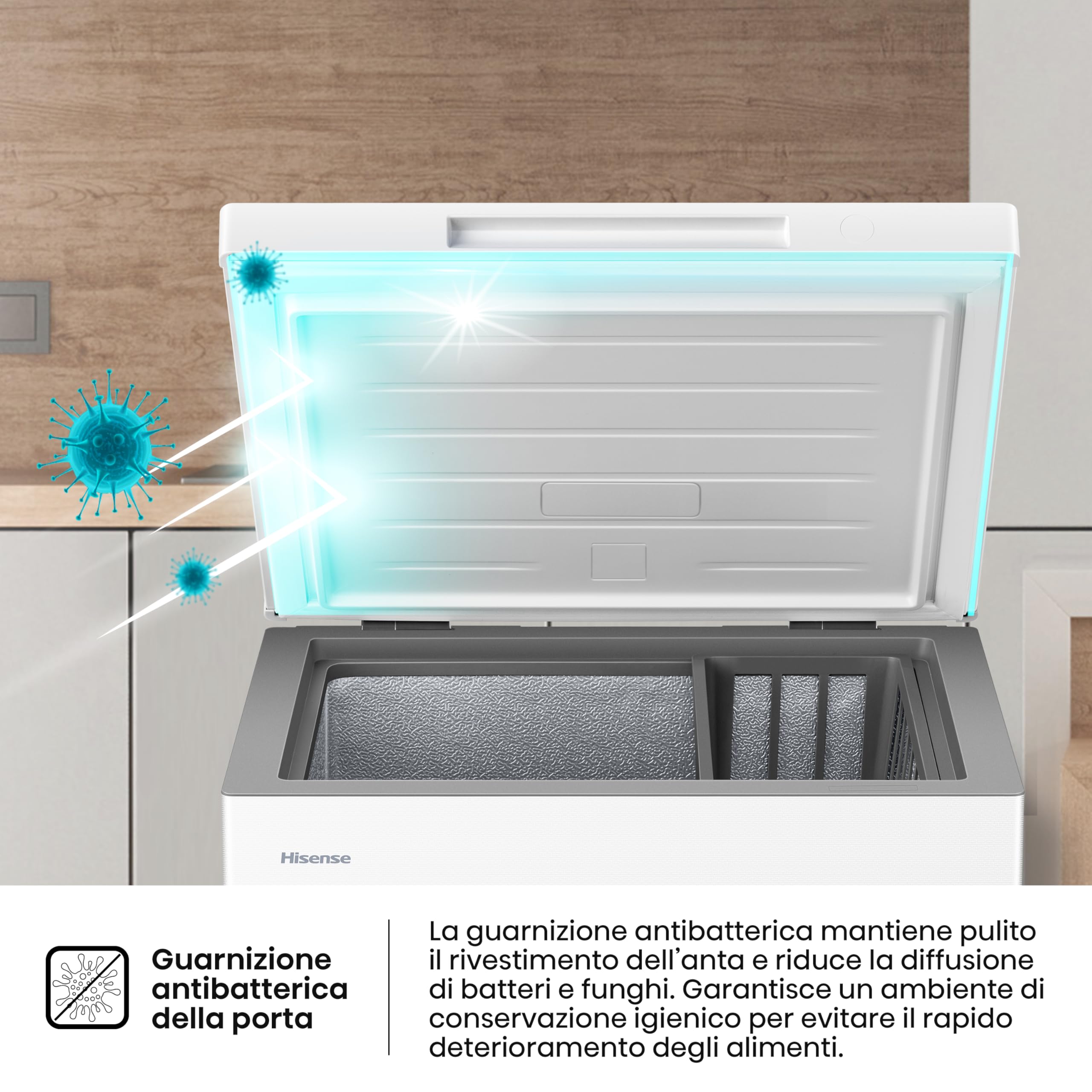 Hisense FT145N1AWE NUOVO Congelatore a pozzo 141 litri, Super Silenzioso 40 db, classe E, (L*P*A): 60,6×55,9×85,8 cm, Bianco