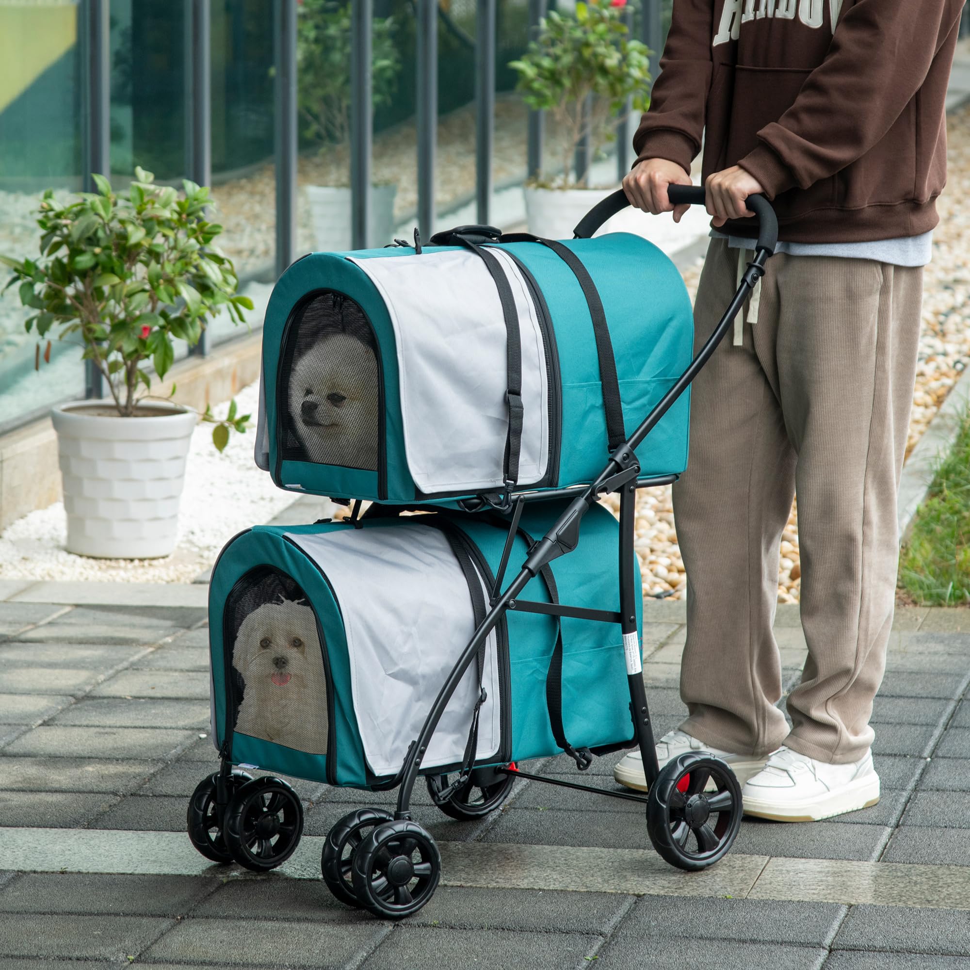 PawHut Carrito Doble para Perros Gatos Cochecito Plegable para Mascotas con 2 Transportines Extraíbles Cinturón de Seguridad Bolsillos Laterales y 2 Cojines Cada Carga 10 kg 66x50x98 cm, Verde