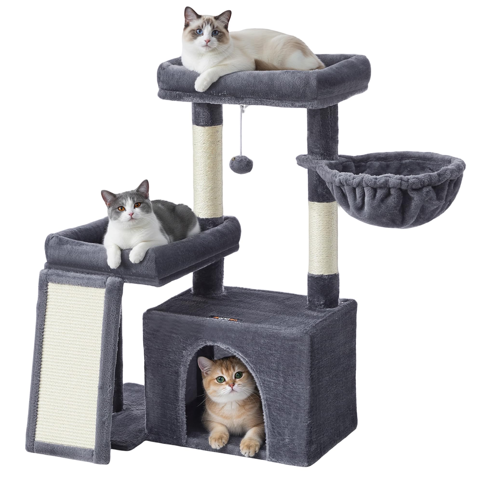 Feandrea Albero per Gatti con 2 Letti Grandi, Tiragraffi con Pali e Rampa Graffiatoio, Alto 85,8 cm, Grigio Scuro PCT013GS01