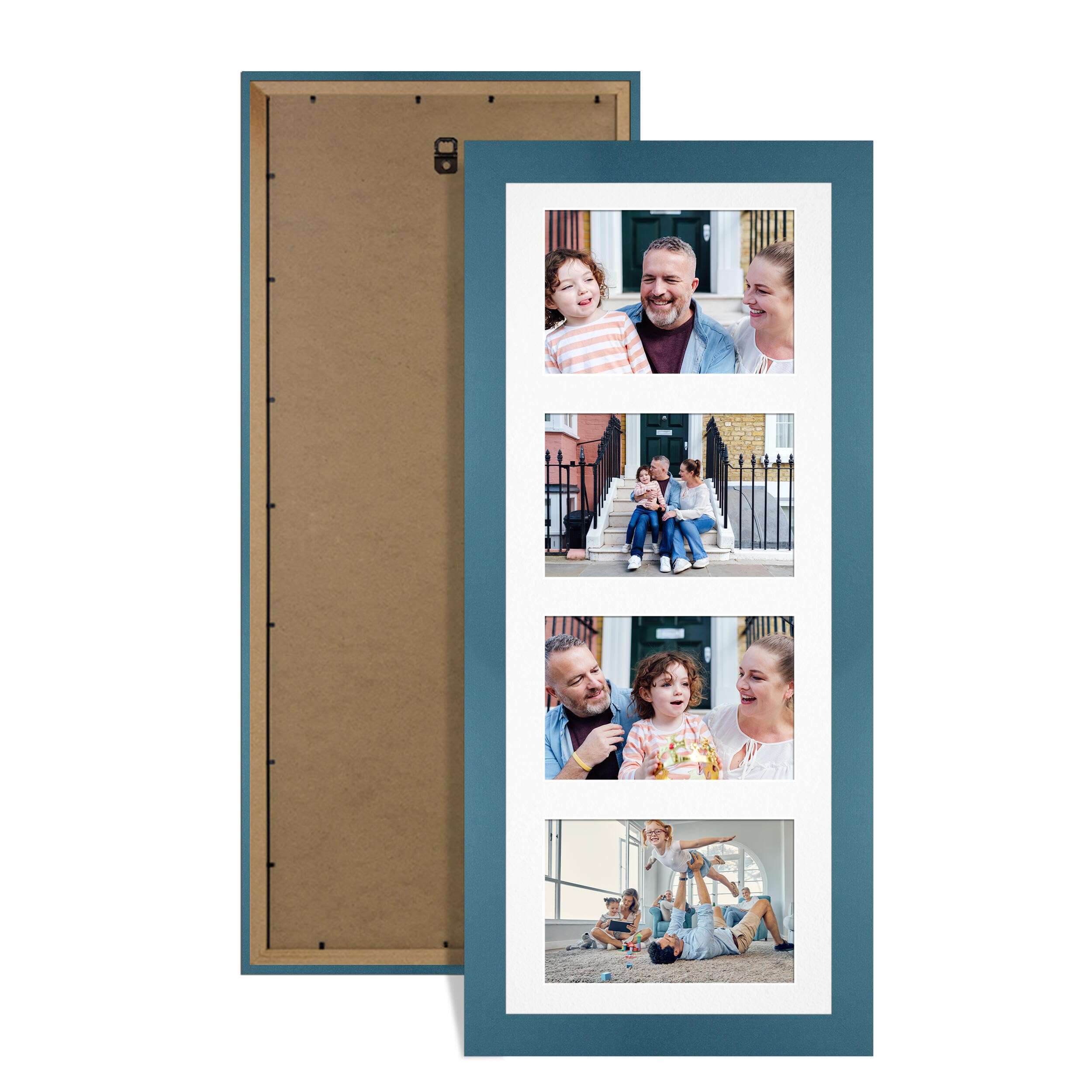 Alison Kingsgate Navy Blue 50x20cm Photo frames for multiple pictures -4 Apertures Collage Frame with White Mount - Holds (4x) 6x4 Photos - Engineered Wood & Perspex