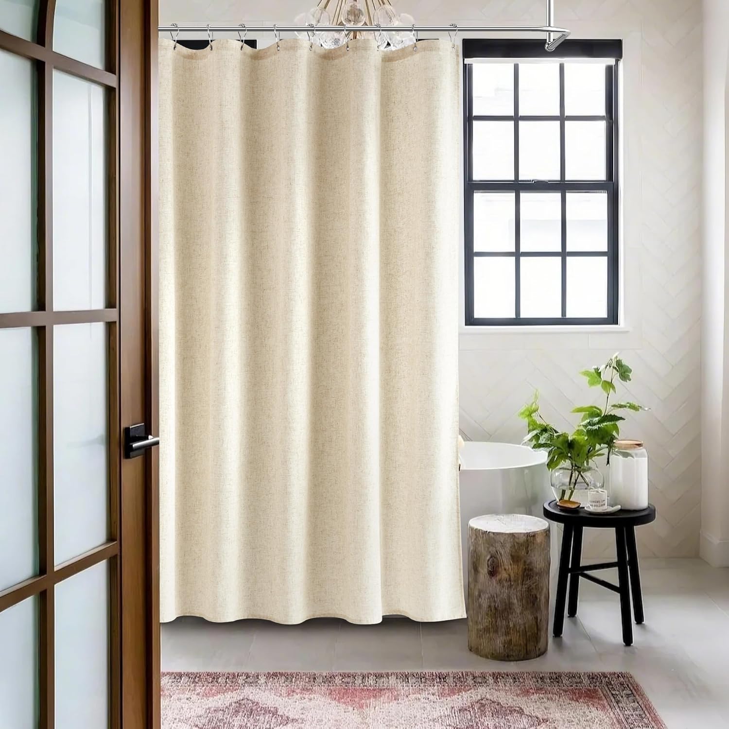 Natural Linen Shower Curtain, Boho Farmhouse Shower Curtain Set for Bathroom, 200GSM Luxury Weighted Water Resistant Fabric Textured Shower Curtains with 12 Metal Hooks, 72Wx84H