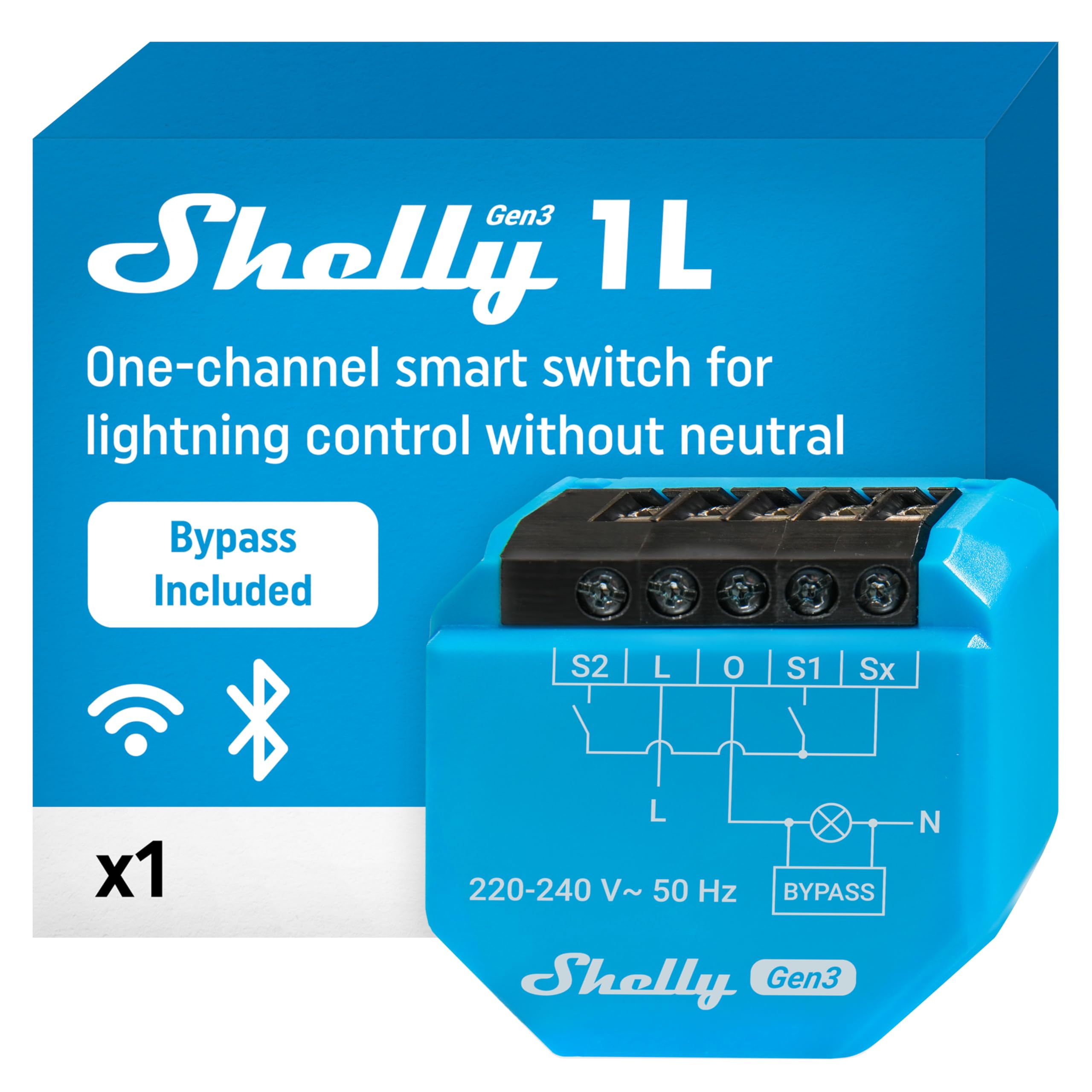 Shelly Shelly 1L Gen3 mit Bypass, WLAN Smarter Schalter, 1 Kanal, Alexa und Google Home, Kein Hub erforderlich, Fernsteuerung, Kein Neutralleiter erforderlich, Unterputzmontage, Steuert Lasten über 5 W