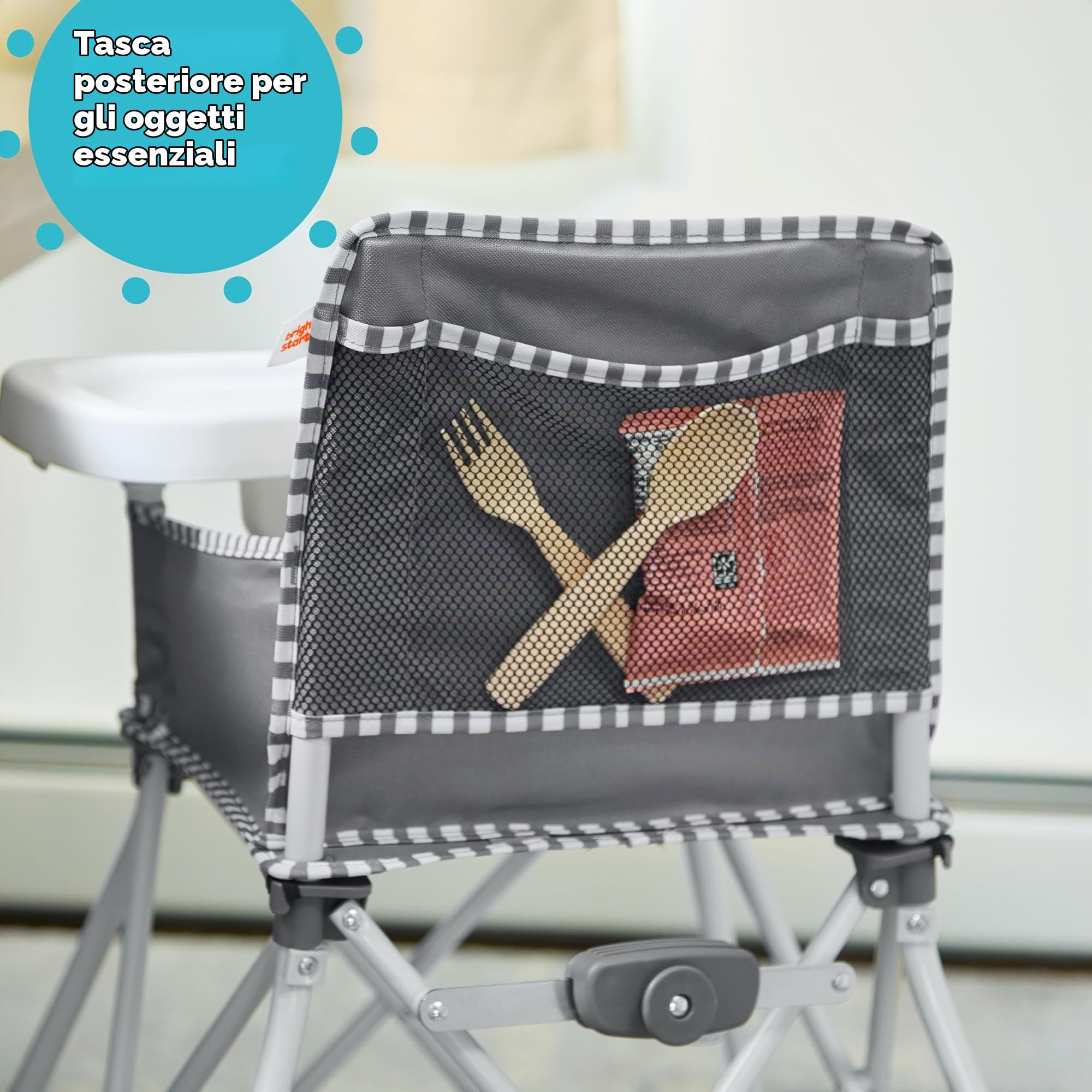 Bright Starts, Seggiolone Portatile Pop ‘N Dine, Uso Interno/Esterno, Vassoio Privo di BPA, Facile da Piegare e Trasportare, Unisex, Per Bambini a Partire da 6 Mesi, Grigio