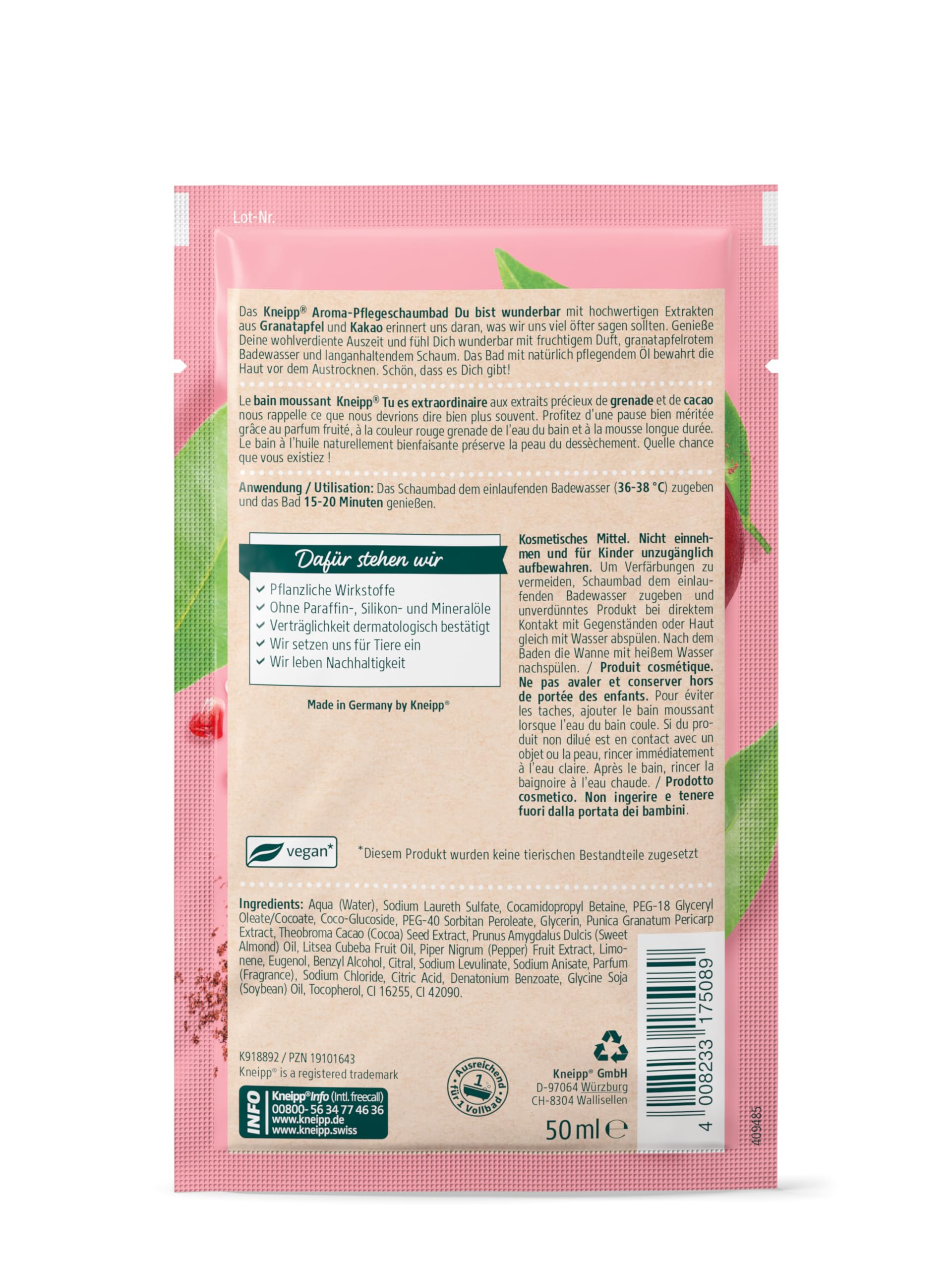 Kneipp Baño de espuma aromática Du bist wunderbar - Badezusatz mit hochwertigen Extrakten aus Granada und Kakao - Für die wohlmermered Auszeit mit fruchtigem Duft und langlebiendem Foam - 50ml