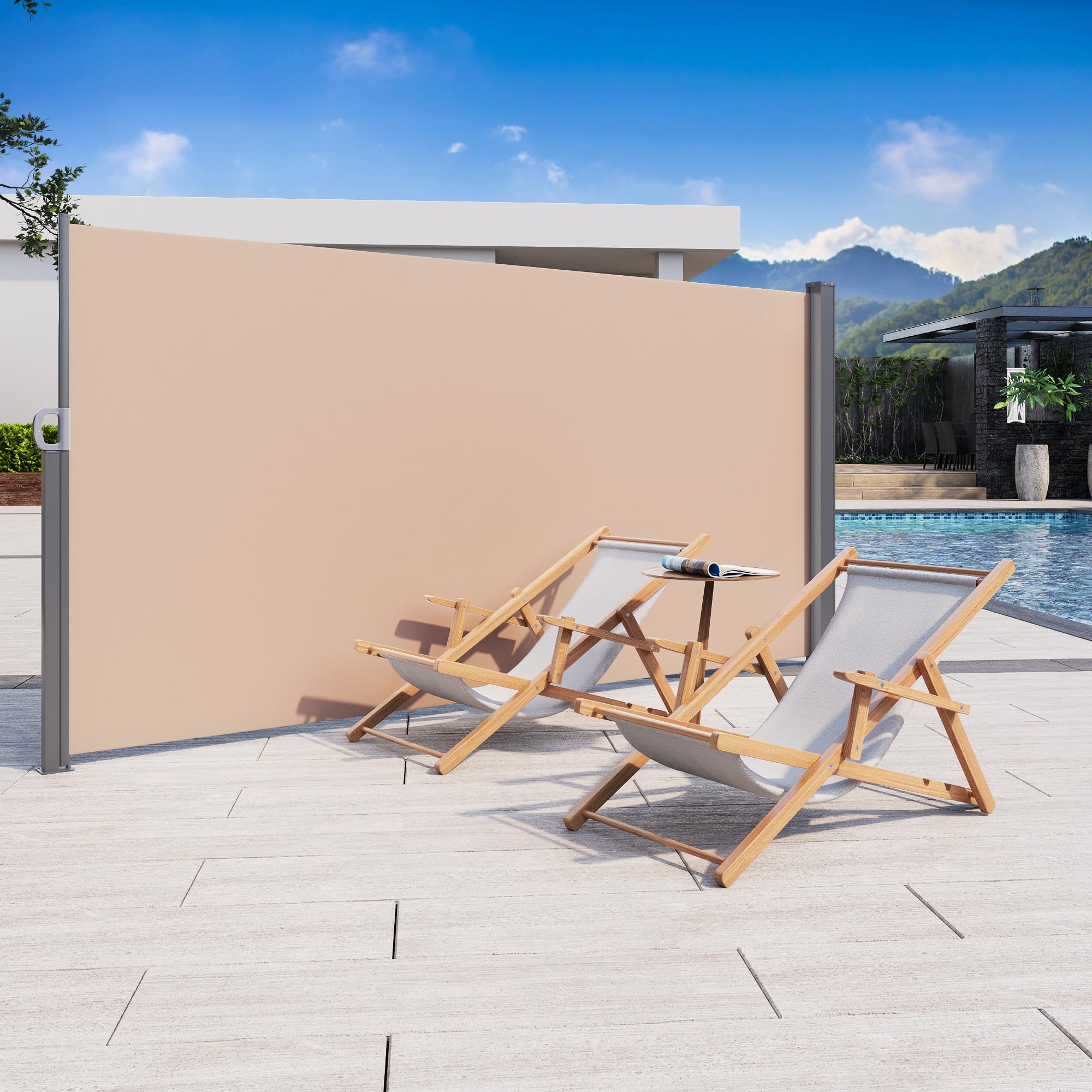AECOJOY Retractable Side Awning in beige, fully extended, providing privacy.