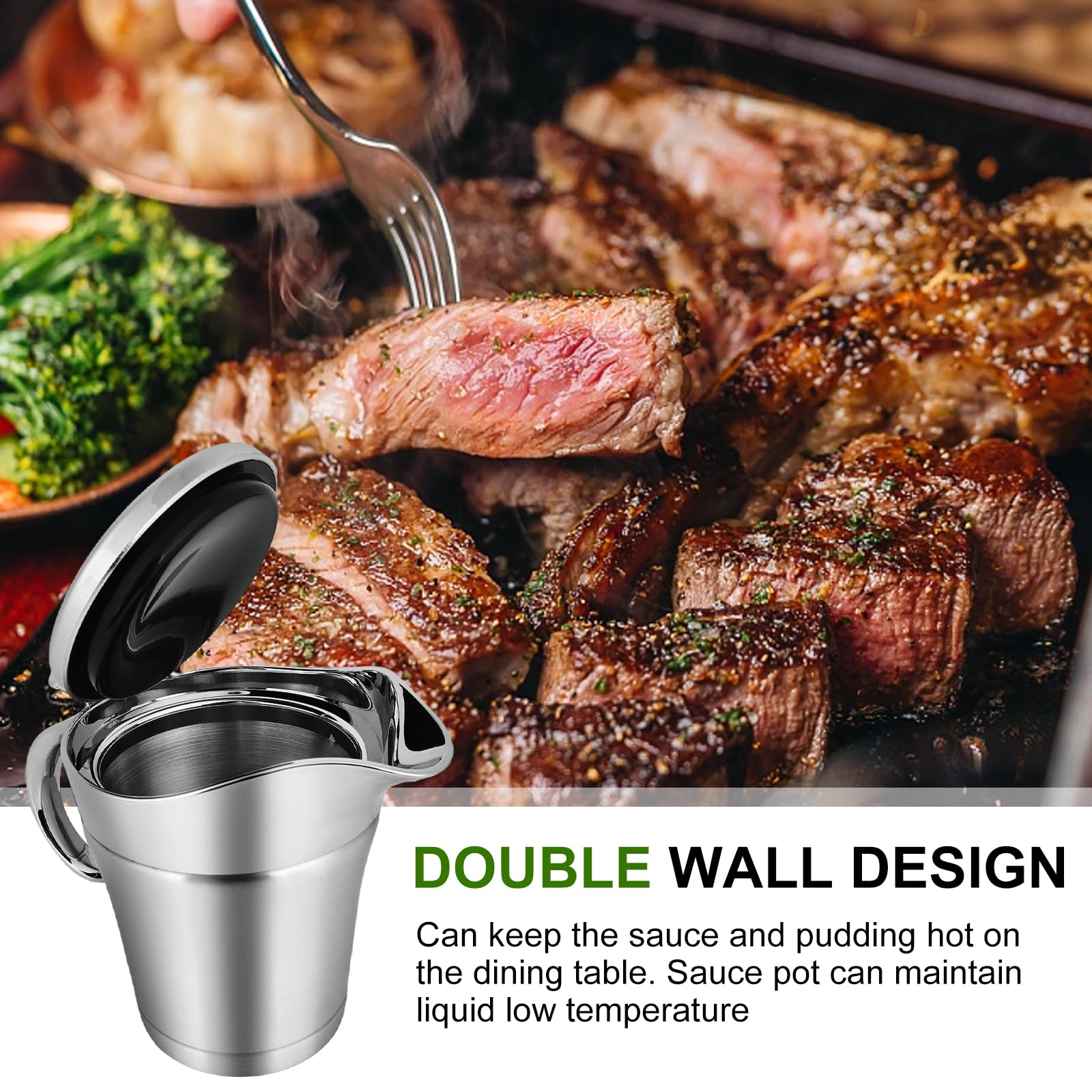 Salsera térmica de acero inoxidable: 500 ml, doble aislado, con tapa abatible, jarra de salsa de doble pared para servir salsa de natillas, crema en casa o en cenas