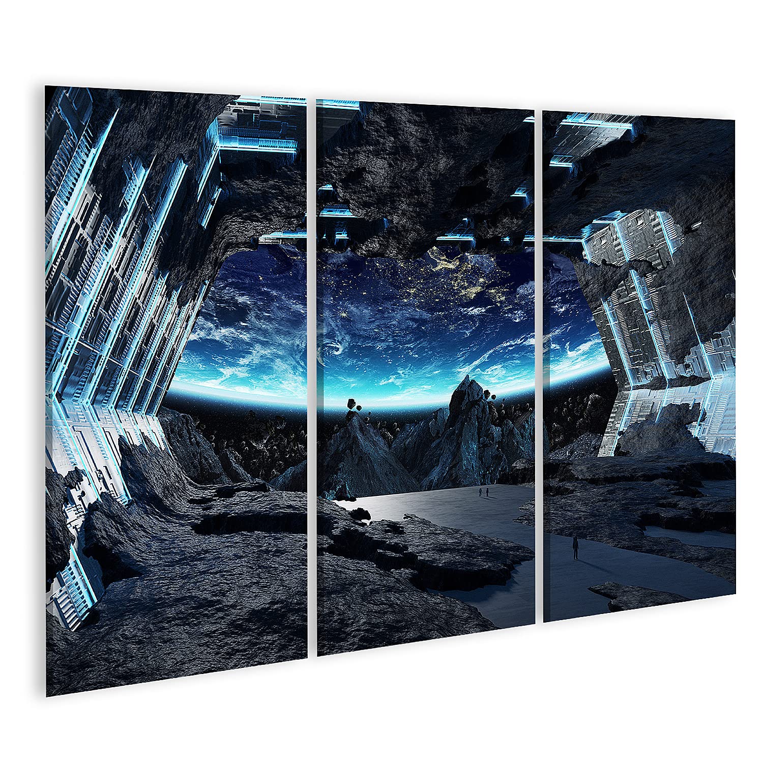 islandburner Prime - Quadro su tela, gigante asteroide con nave spaziale all'interno con vista sulla terra, per camera dei bambini, spa, poster da parete