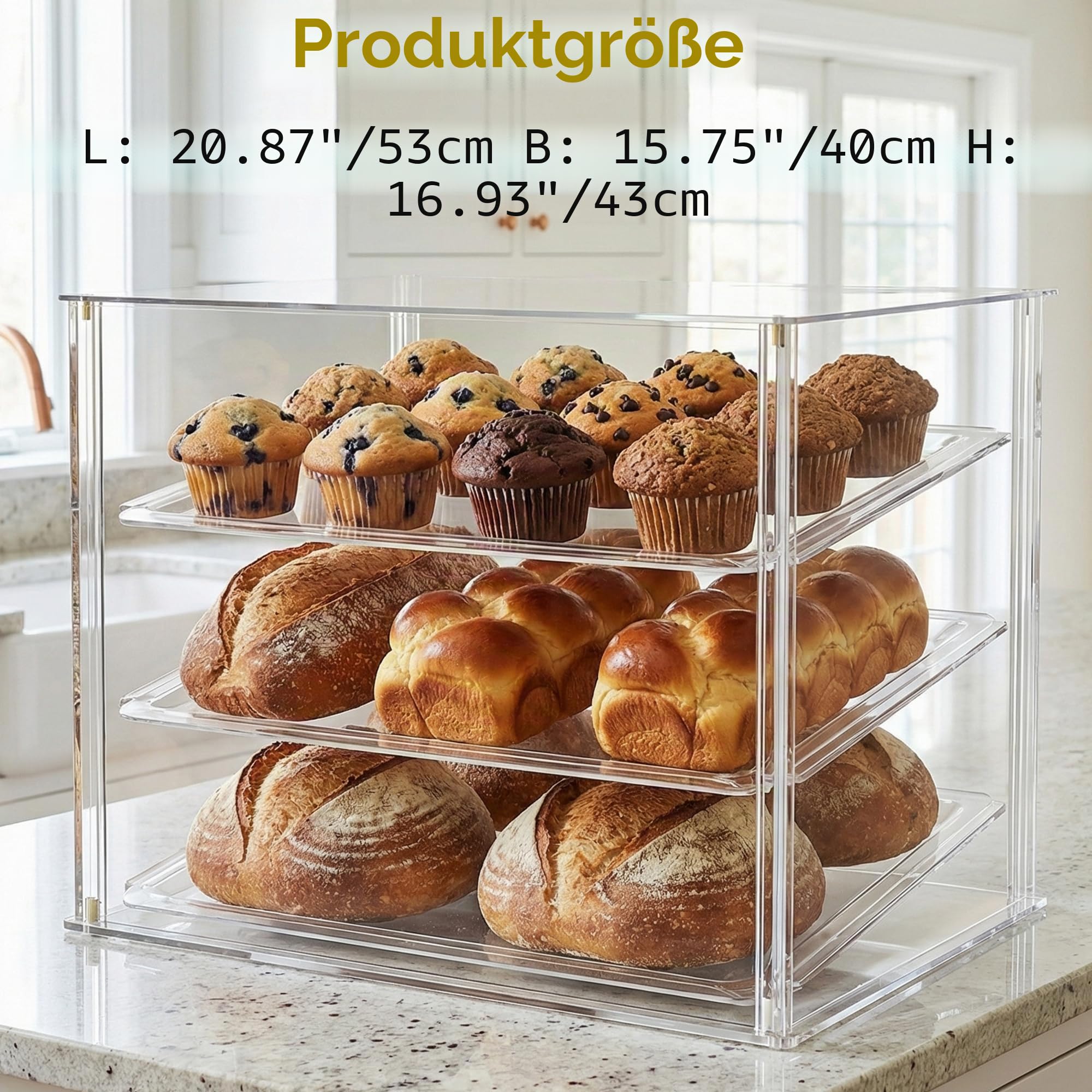 Bäckerei-Vitrine mit 3 Ablagen und magnetischen Hintertüren, 52,8 x 40,1 x 42,9 cm, Acryl-Gebäckvitrine mit abnehmbaren Tabletts und Stahlzange, Lebensmittelvitrine für Donut-Brotkuchen